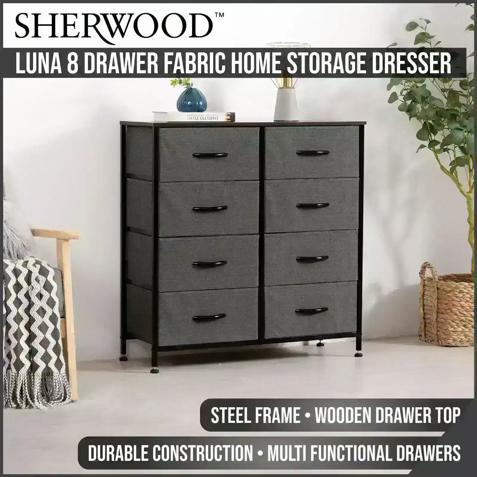 Sherwood Luna 8 Drawer Fabric Home Storage Dresser Charcoal 