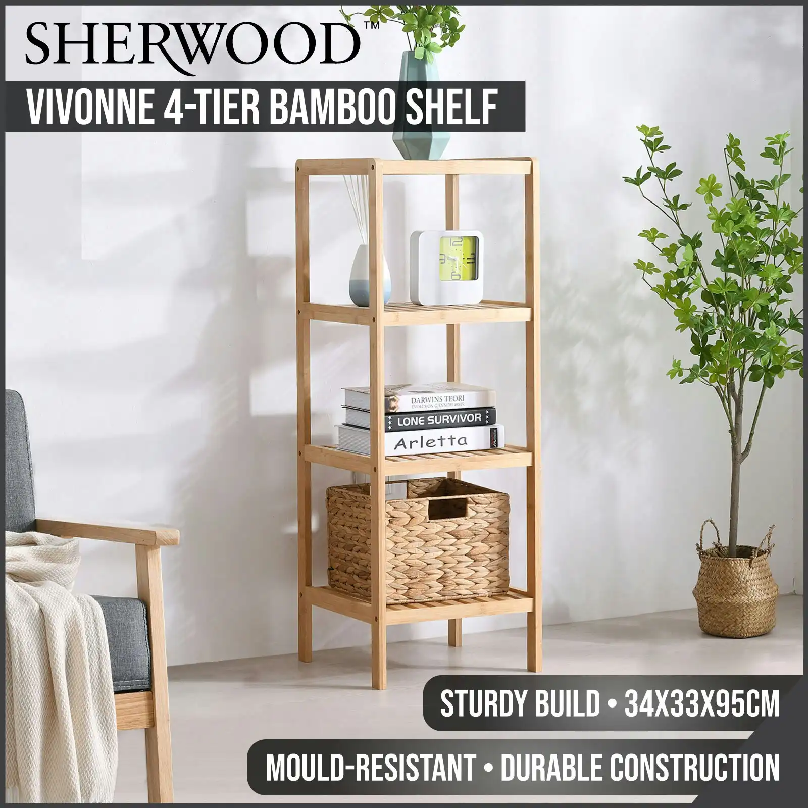 Sherwood Vivonne 4-Tier Bamboo Shelf Natural Bamboo Colour 34x33x95cm
