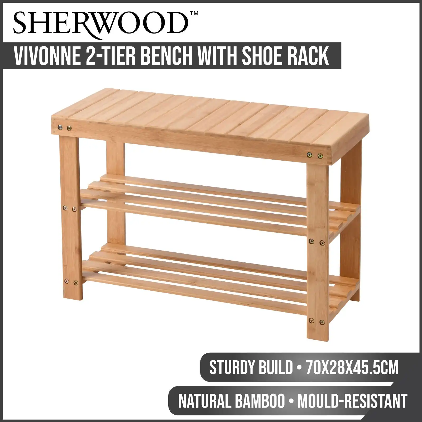 Sherwood Vivonne 2-Tier Bamboo Bench with Shoe Rack Natural Bamboo Shoe Organiser 70x28x45.5cm
