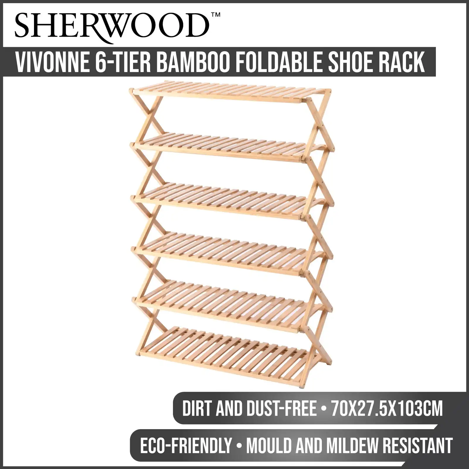 Sherwood Vivonne 6-Tier Bamboo Shoe Rack Natural Colour and Sturdy Construction Foldable Storage 103x70x27.5cm