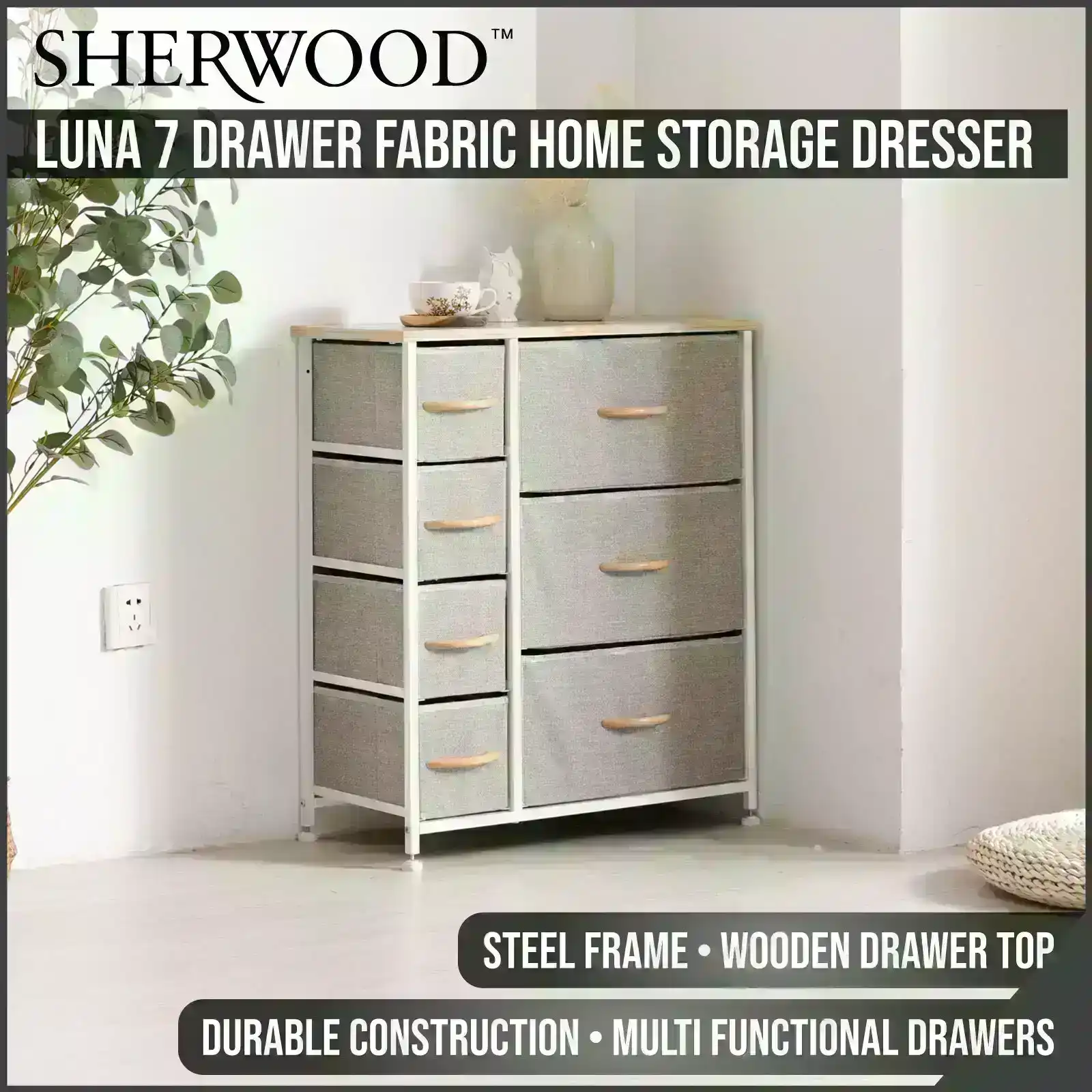 Sherwood Luna 7 Drawer Fabric Home Storage Dresser Cream 