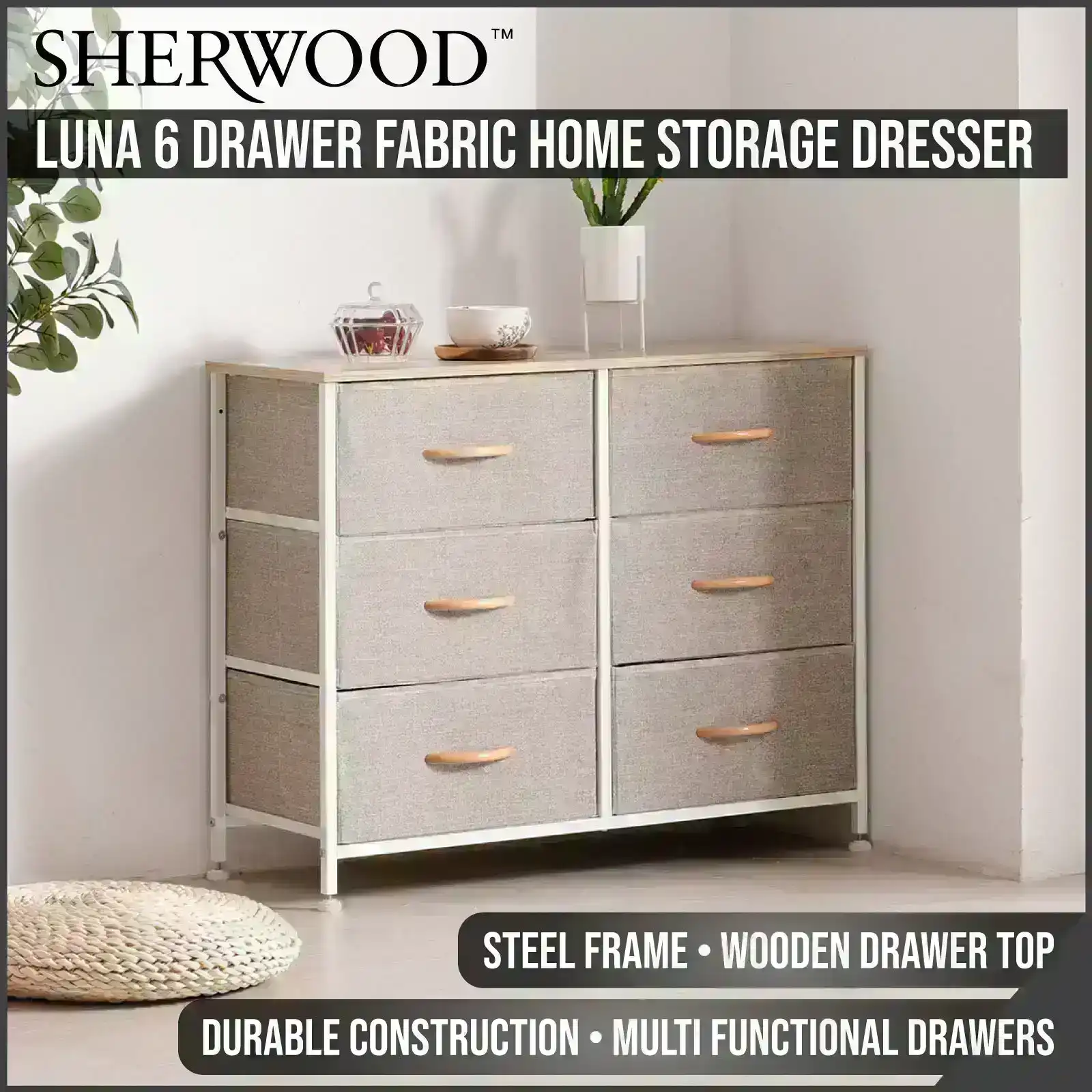 Sherwood Luna 6 Drawer Fabric Home Storage Dresser Cream 