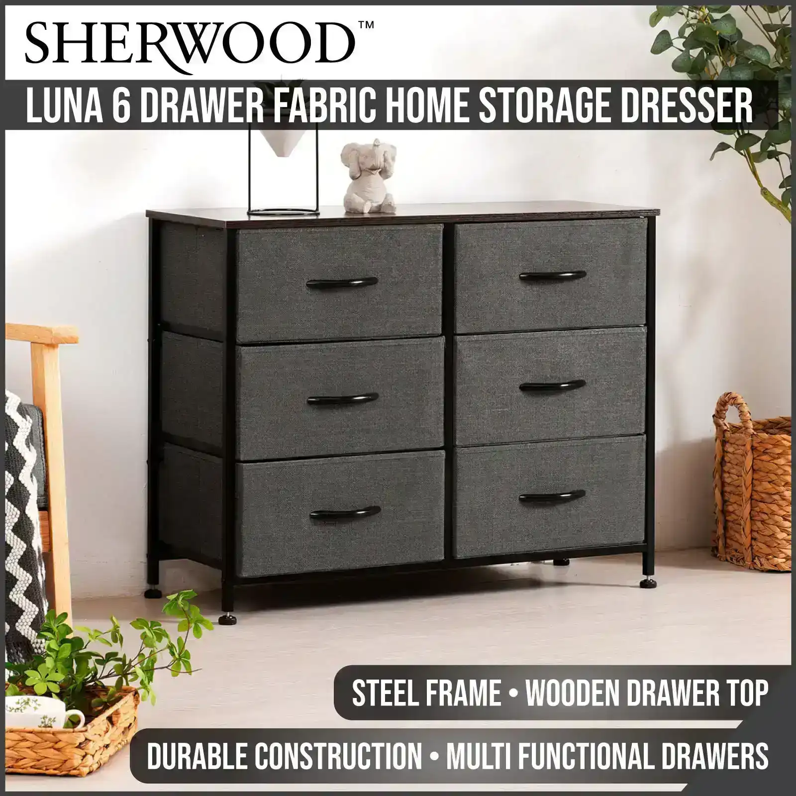 Sherwood Luna 6 Drawer Fabric Home Storage Dresser Charcoal 