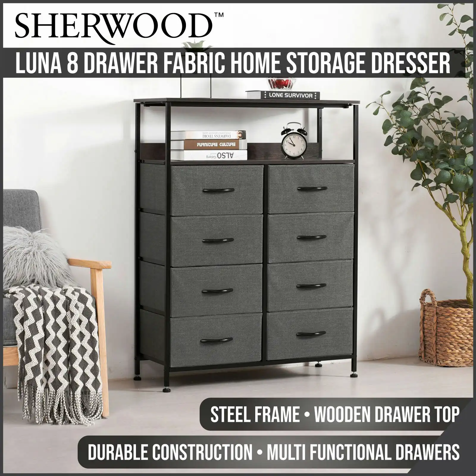 Sherwood Luna 8 Drawer Fabric Home Storage Dresser With Shelf Charcoal 
