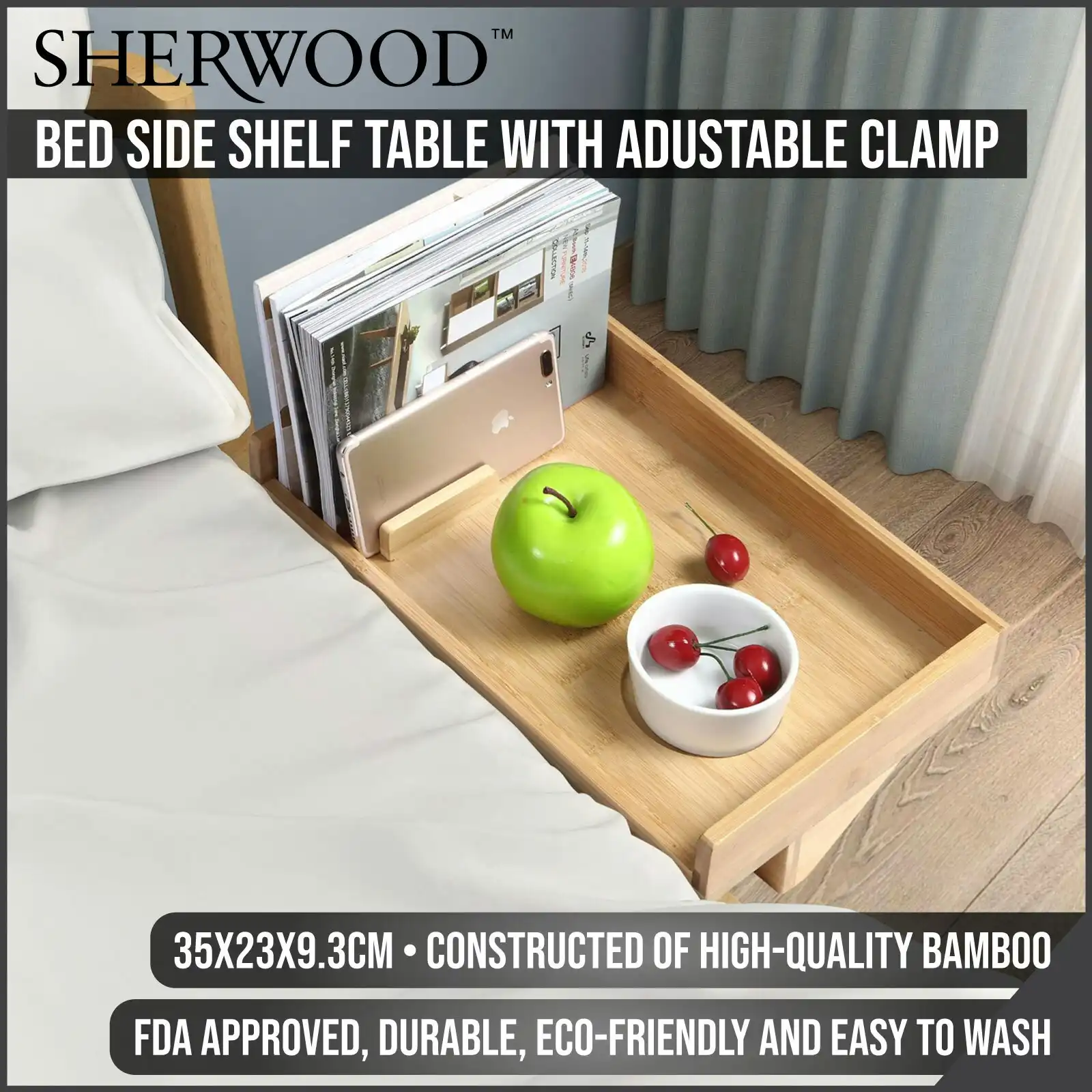 Sherwood Home Bamboo Bed Side Shelf Table with Adustable Clamp Natural Brown 35x23x9.3cm