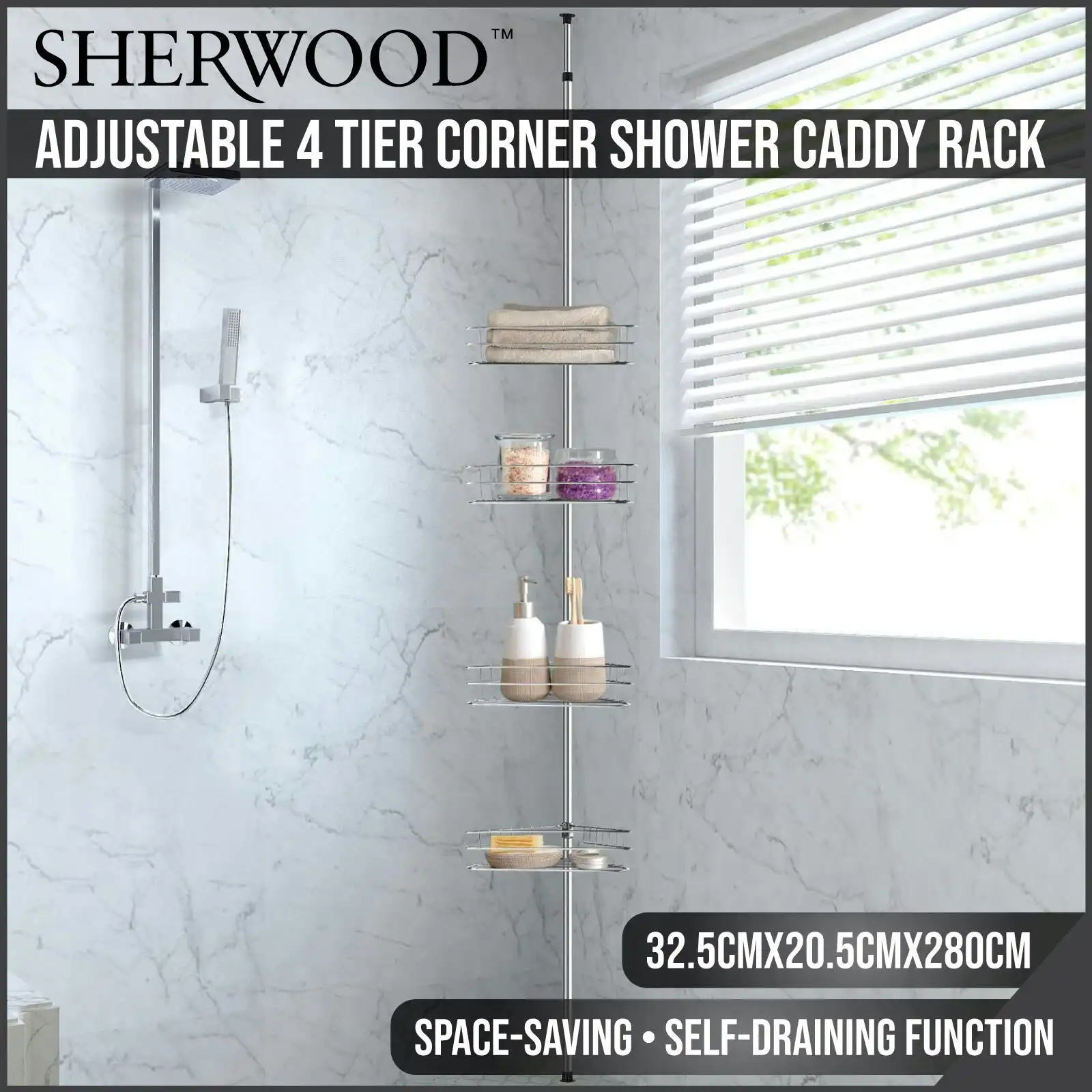 Sherwood Home Adjustable Telescopic 4 Tier Corner Shower Caddy Rack Silver