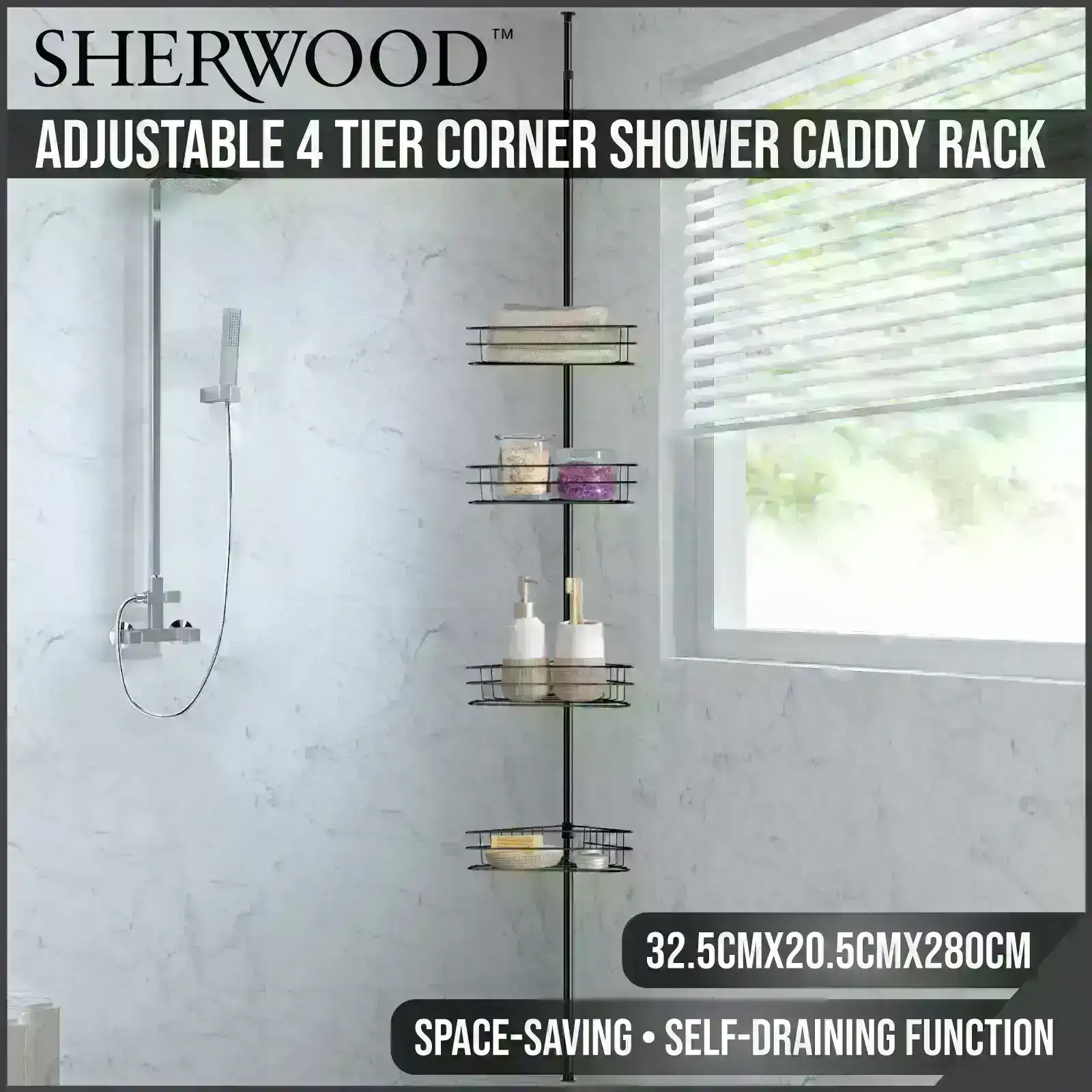 Sherwood Home Adjustable Telescopic 4 Tier Corner Shower Caddy Rack Black