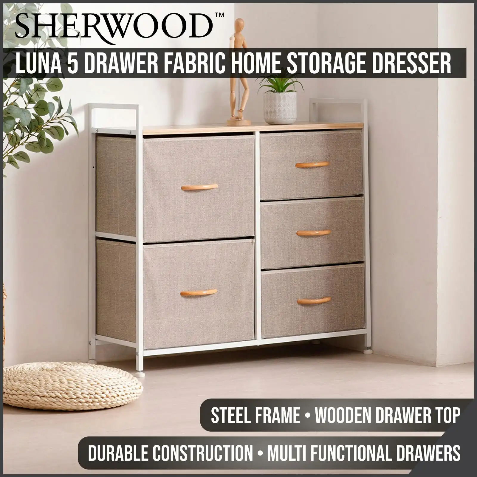 Sherwood Luna 5 Drawer Fabric Home Storage Dresser Cream