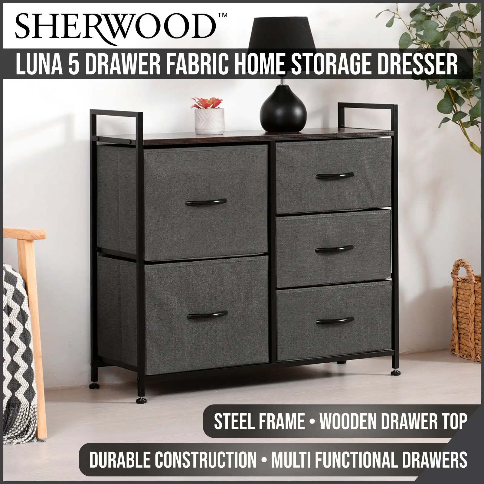 Sherwood Luna 5 Drawer Fabric Home Storage Dresser Charcoal 