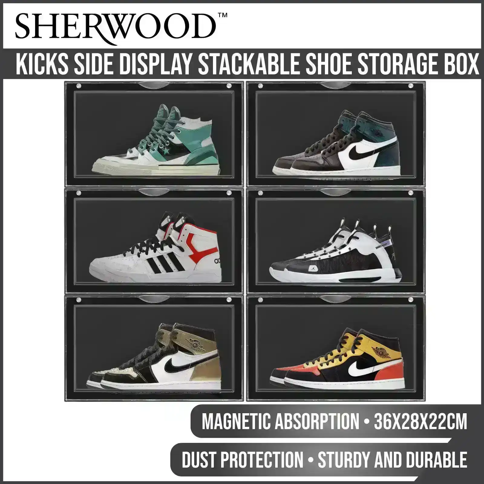 Sherwood Kicks Side Display Stackable Shoe Storage Box Black - 6 Pack