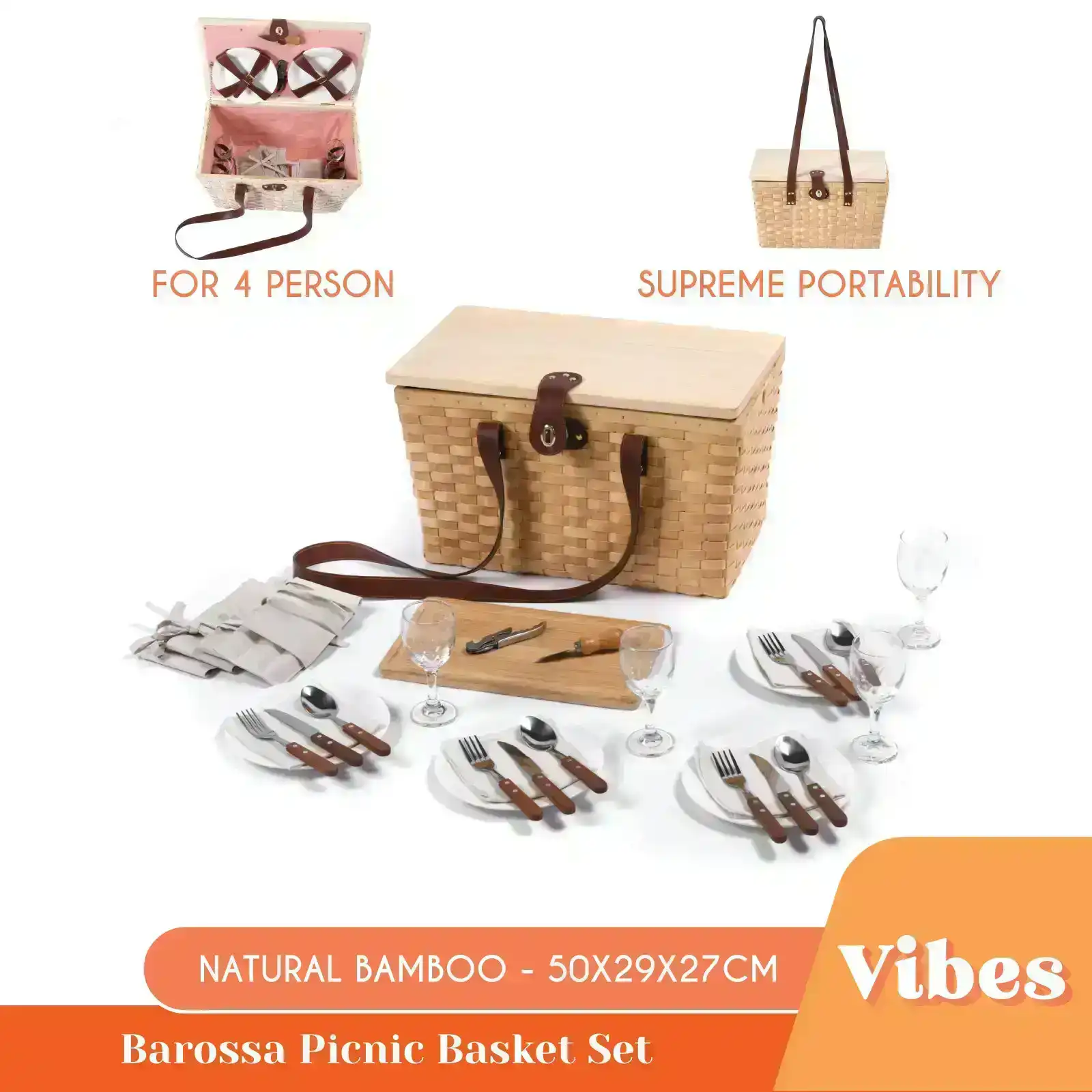 Vibes Barossa 4 Person Natural Wicker Picnic Basket Set Peach