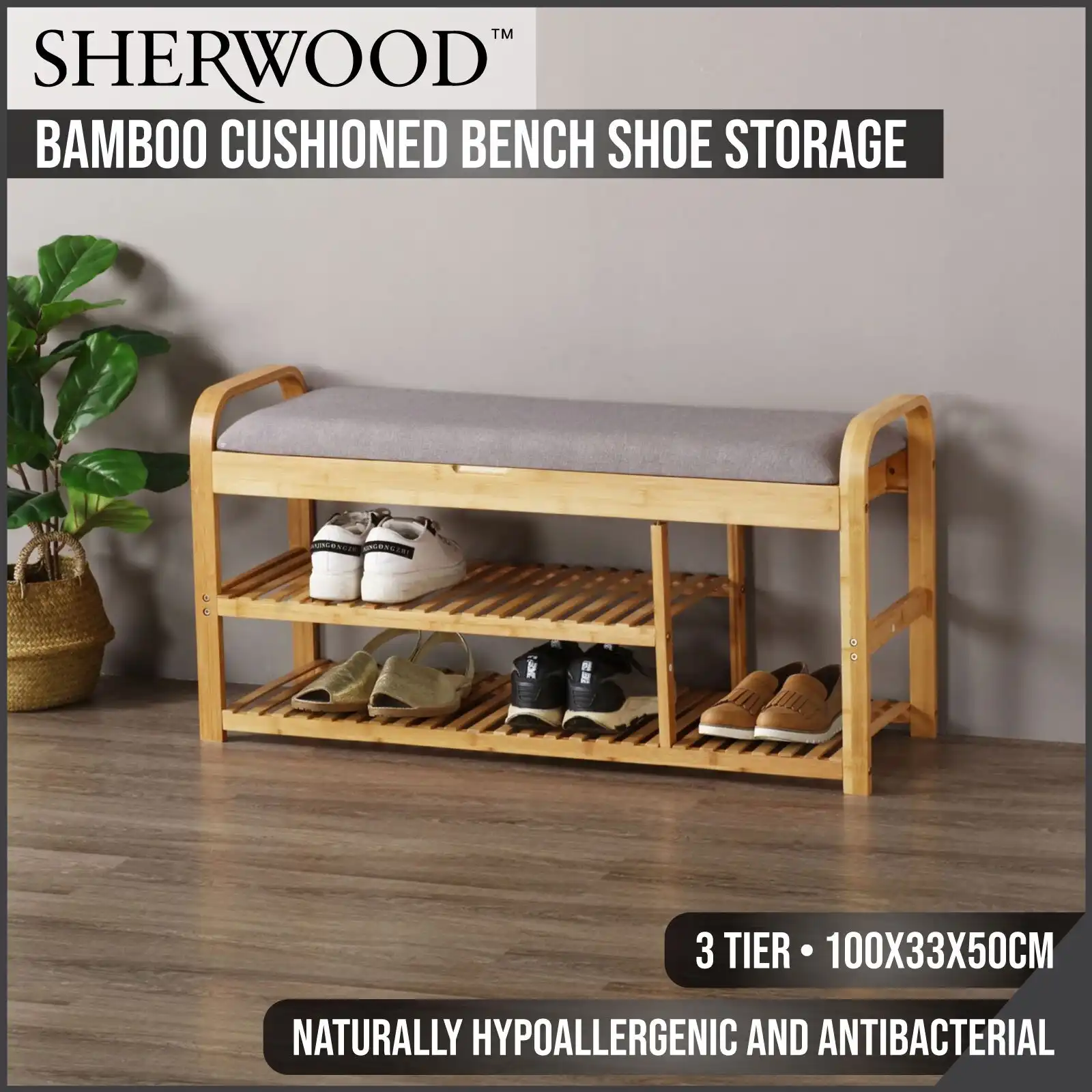Sherwood Home Bamboo Cushioned Bench Shoe Storage 3 tier with Storage Compartment