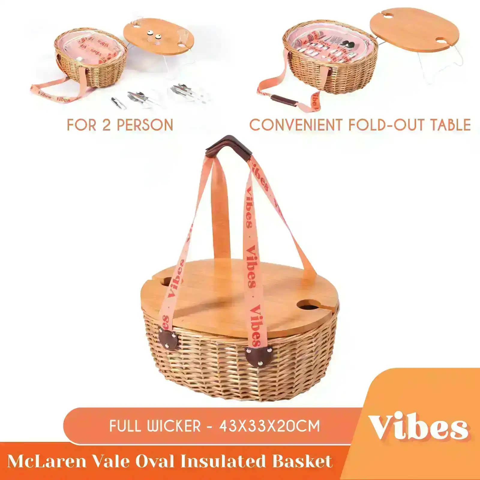 Vibes McLaren Vale 2 Person Oval Insulated Wicker Basket with Folding Table – Tan & Peach