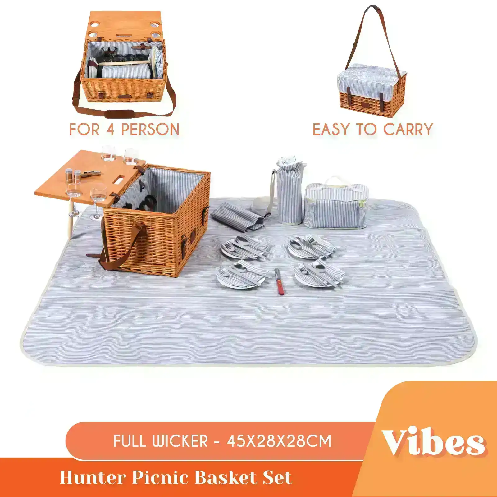 Vibes Hunter 4 Person Natural Willow Picnic Basket Set