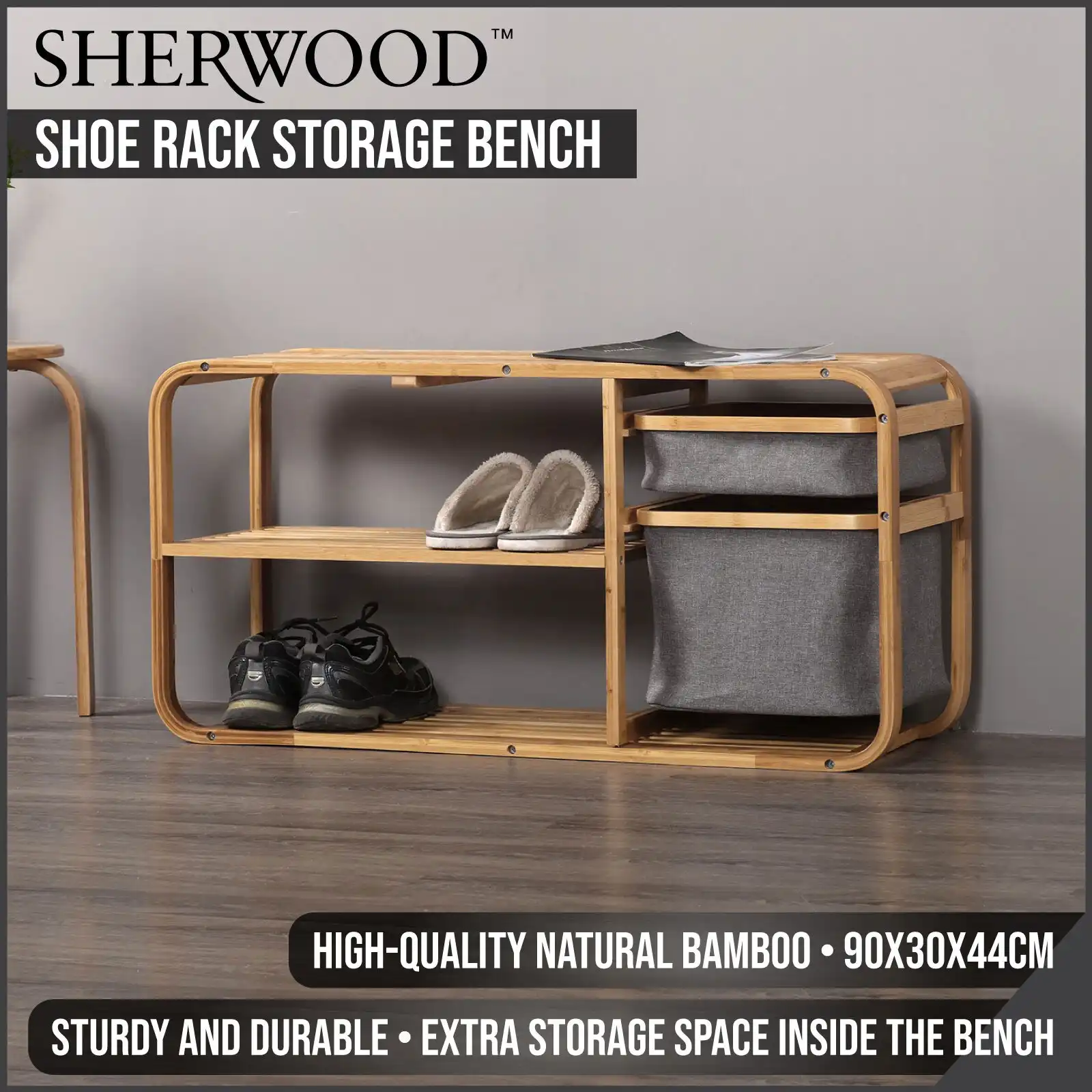 Sherwood Home Bamboo Shoe Rack Storage Bench - Natural Bamboo - 90x30x44cm
