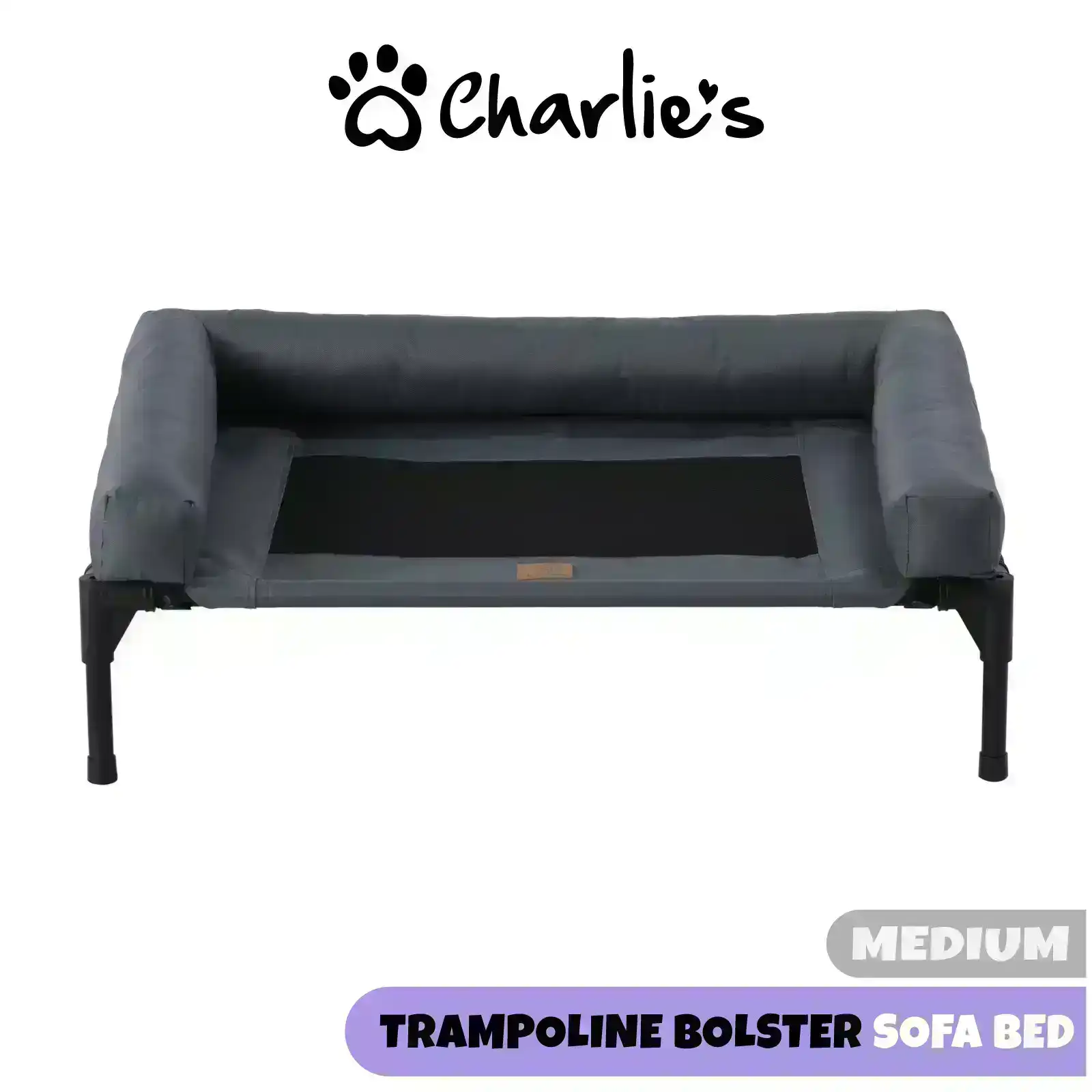 Charlie's Elevated Trampoline Bolster Sofa Dog Bed Grey Medium