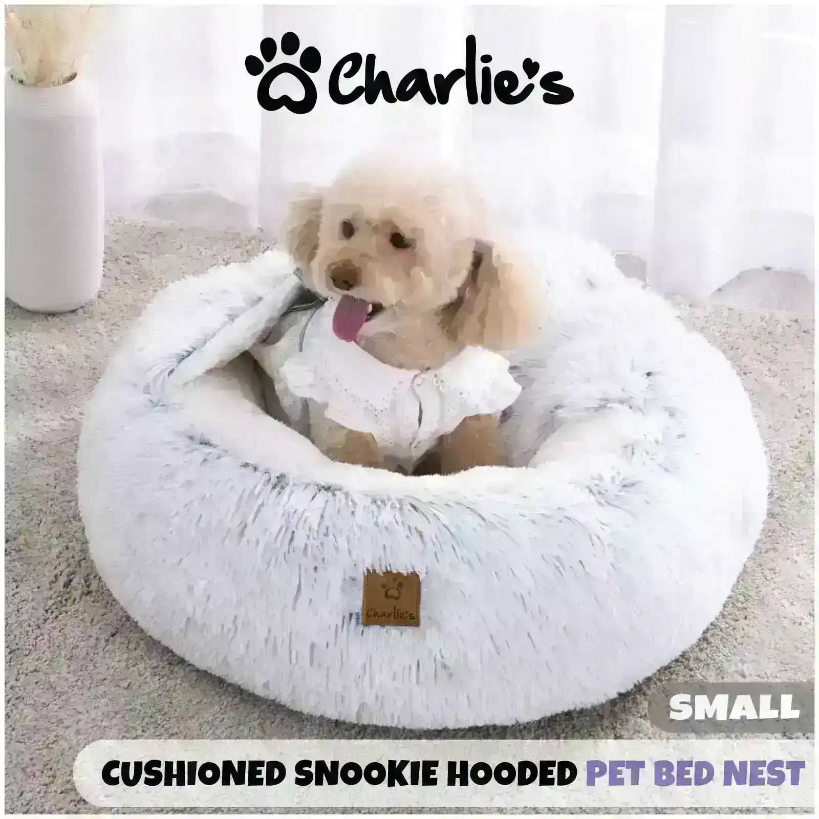 Charlie's Snookie Hooded Faux Fur Calming Dog Bed White Small