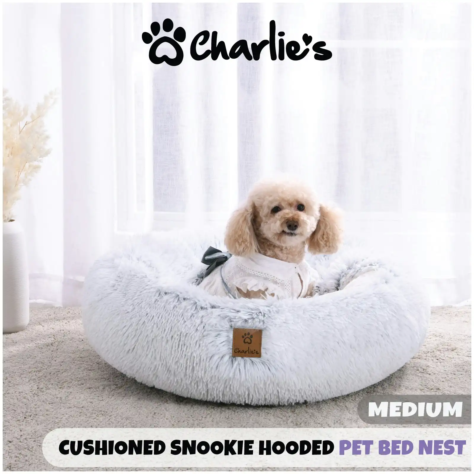 Charlie's Snookie Hooded Faux Fur Calming Dog Bed White Medium