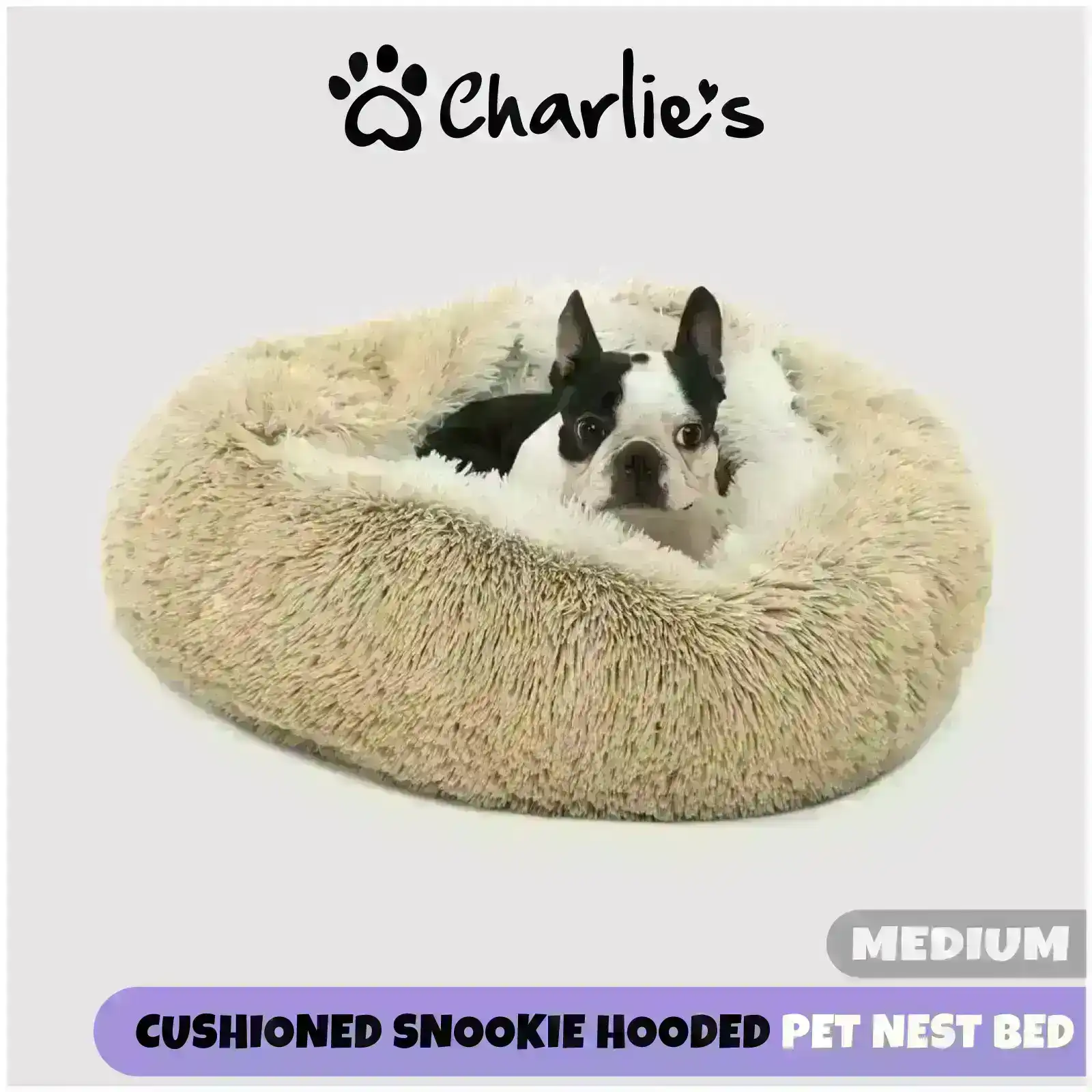 Charlie's Snookie Hooded Faux Fur Calming Dog Bed Cream Medium