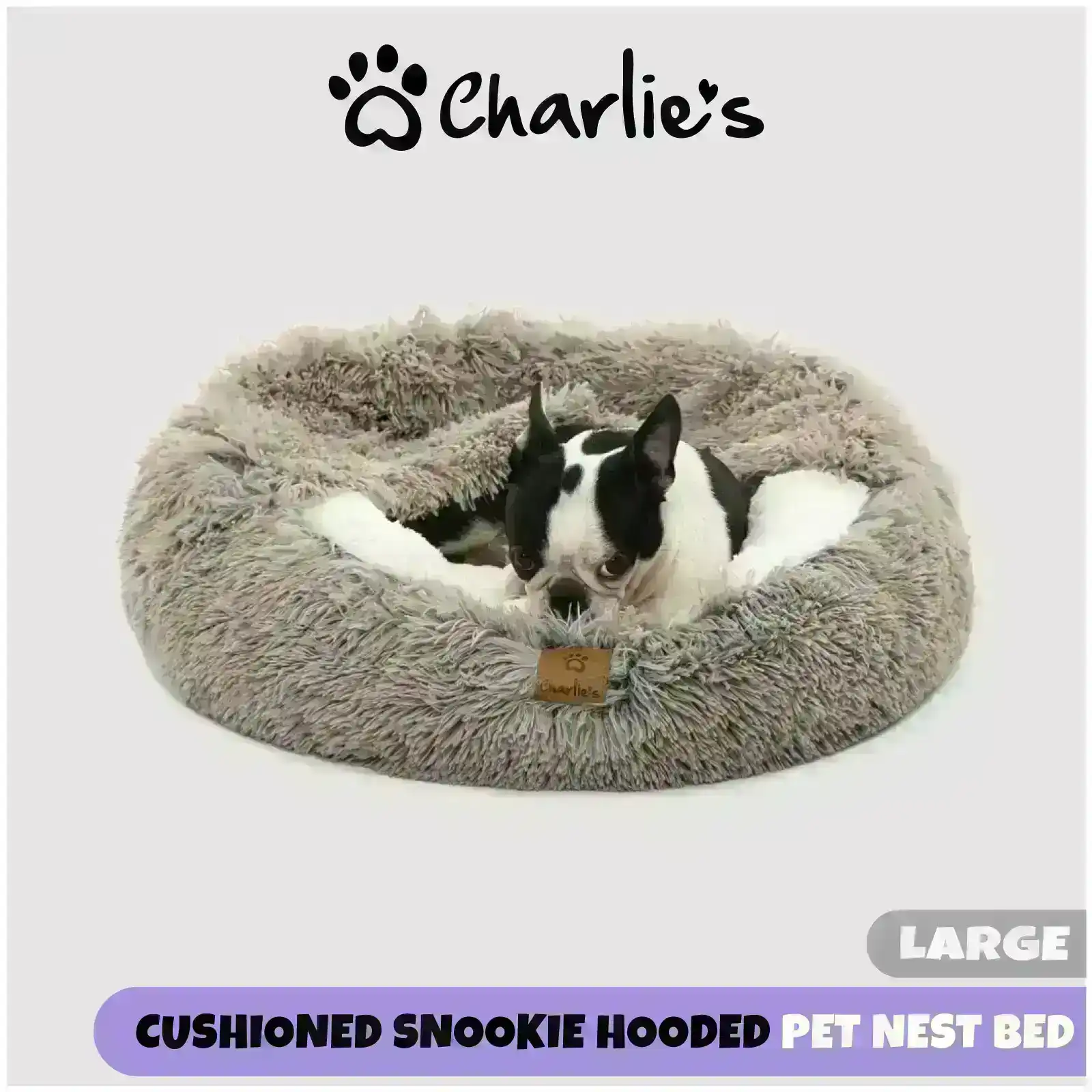 Charlie's Snookie Hooded Faux Fur Calming Dog Bed Grey Large
