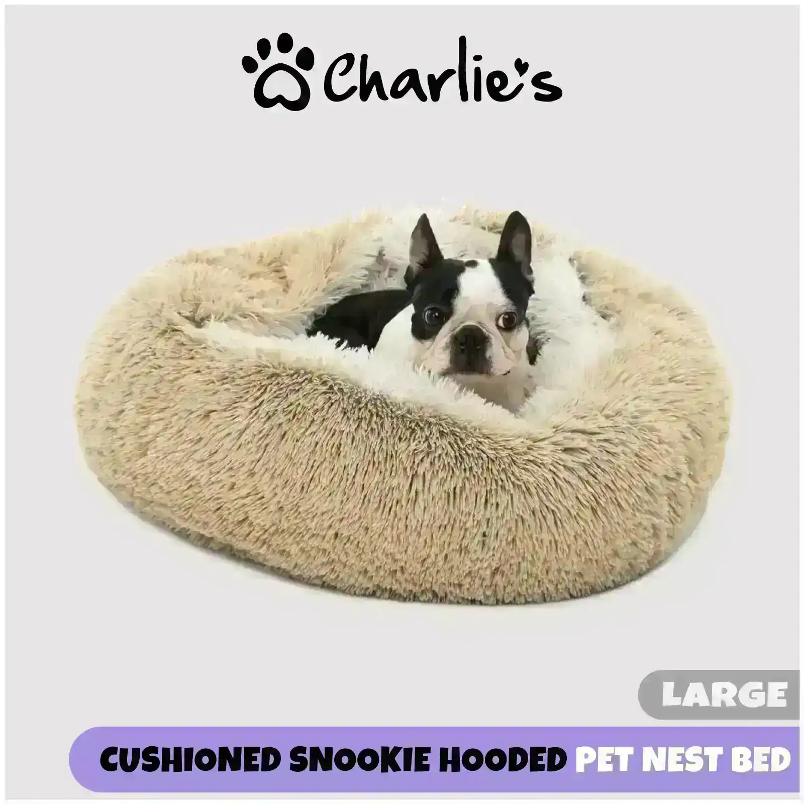 Charlie's Snookie Hooded Faux Fur Calming Dog Bed Cream Large
