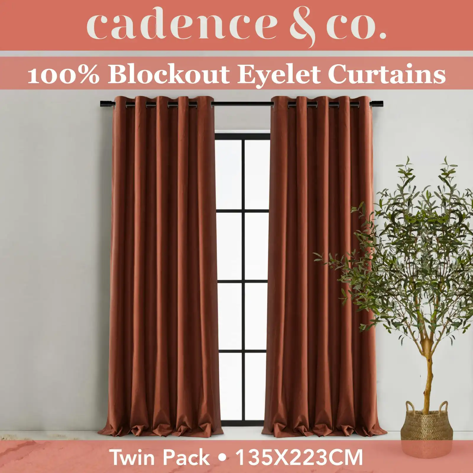 Cadence & Co Byron Matte Velvet 100% Blockout Eyelet Curtains Twin Pack Rust 135x223cm