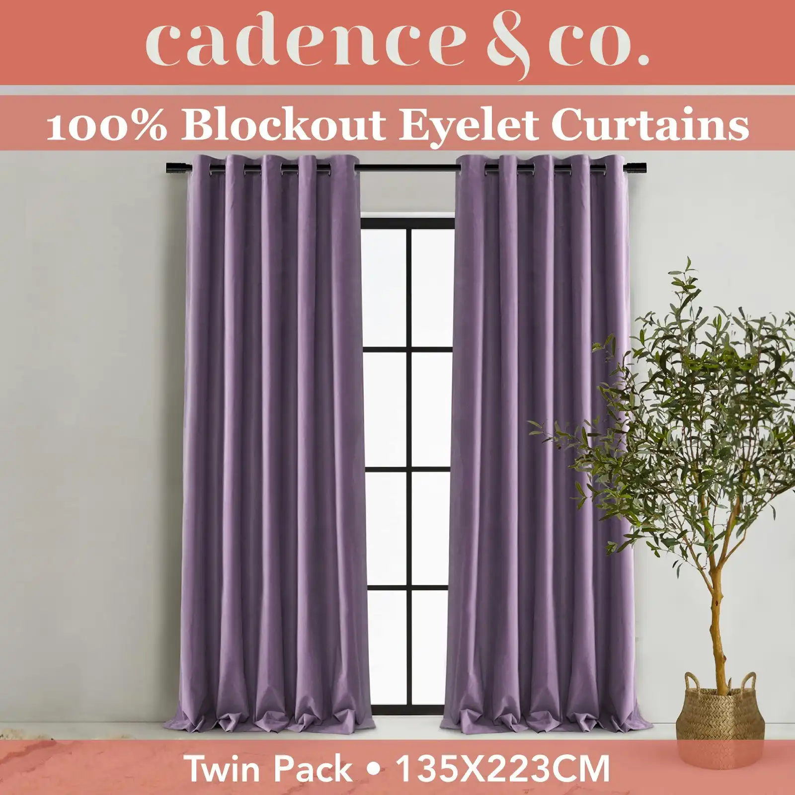 Cadence & Co. Byron Matte Velvet 100% Blockout Eyelet Curtains Twin Pack Lilac 135x223cm