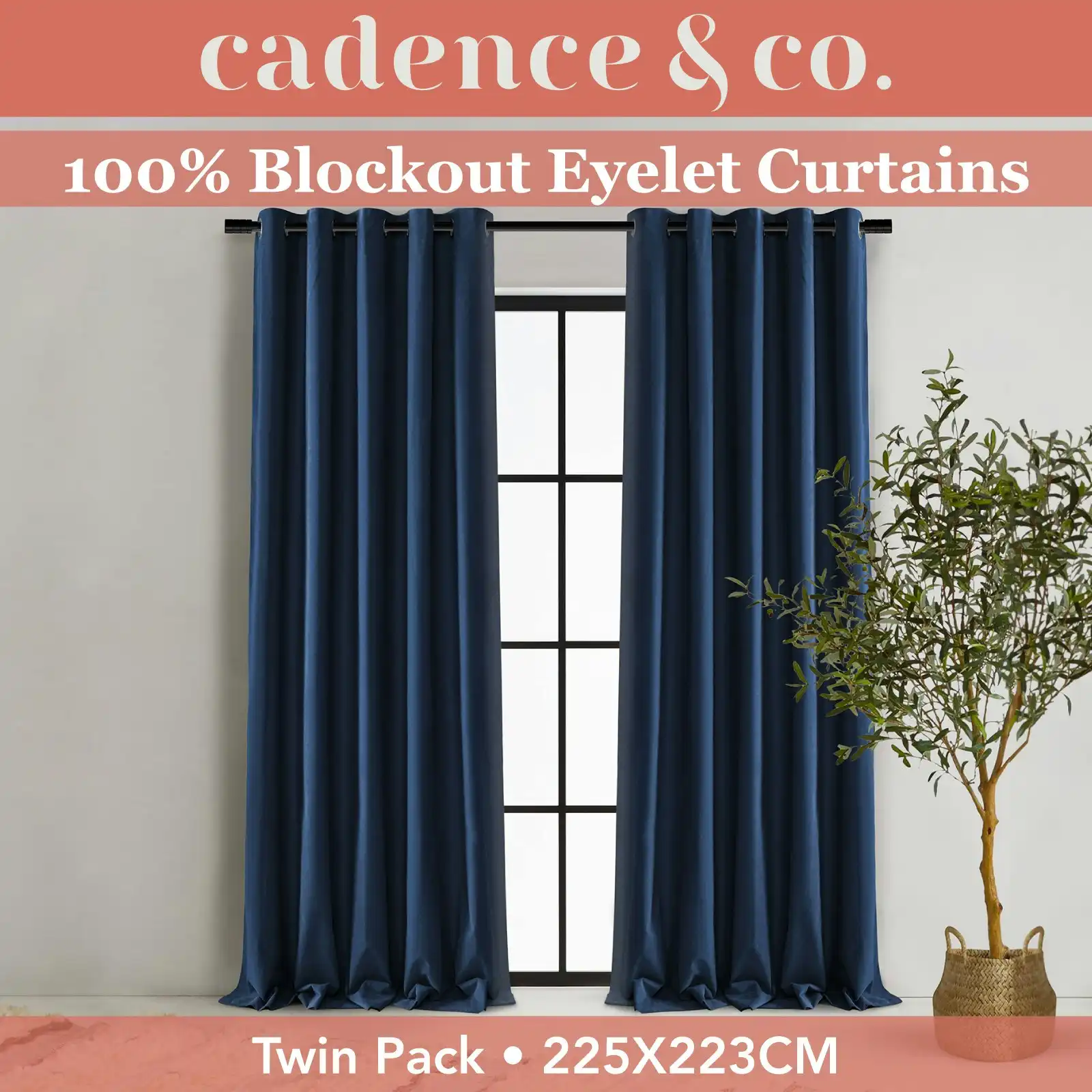 Cadence & Co. Byron Matte Velvet 100% Blockout Eyelet Curtains Twin Pack Ocean Blue 225x223cm