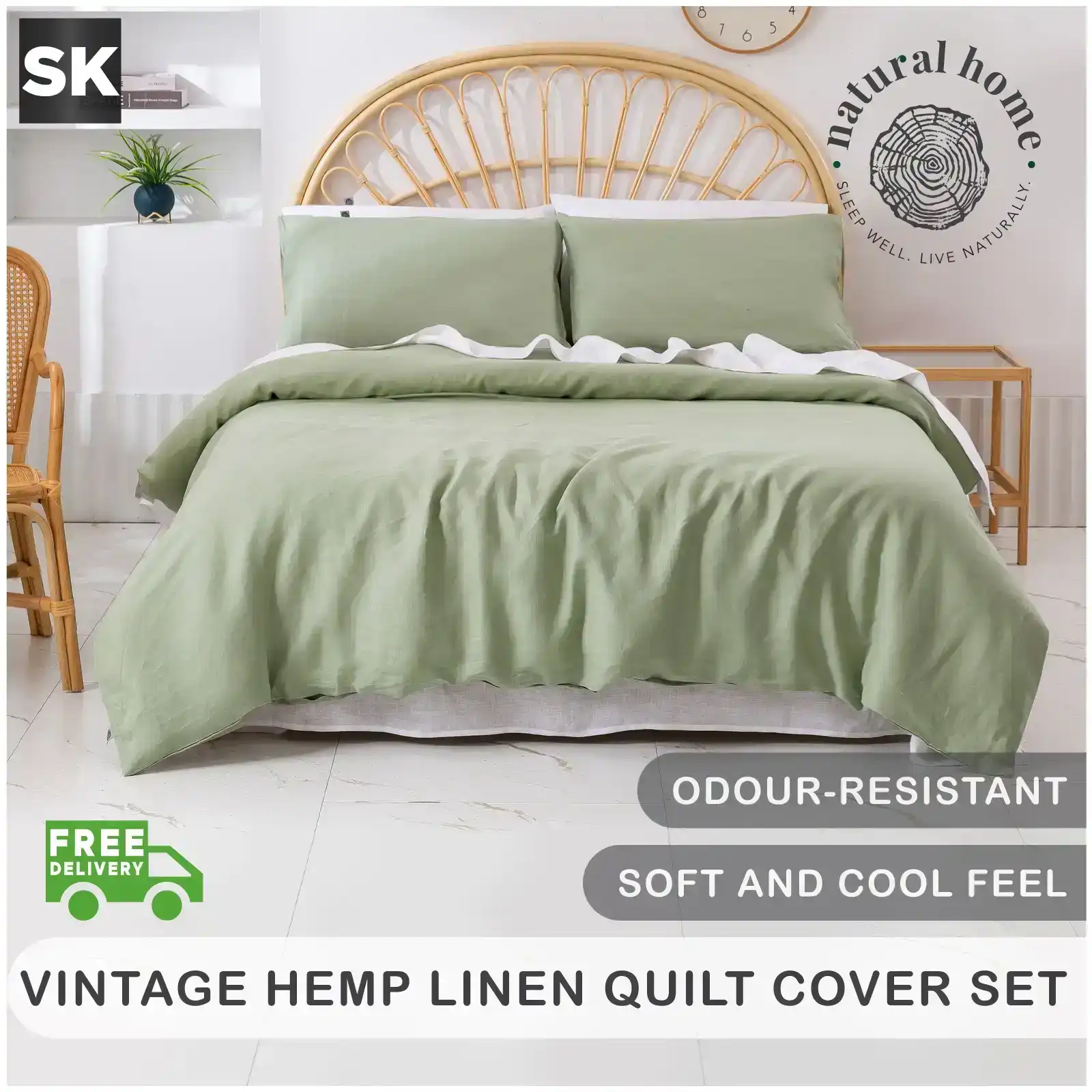 Natural Home Vintage Washed Hemp Linen Quilt Cover Set Sage Super King Bed