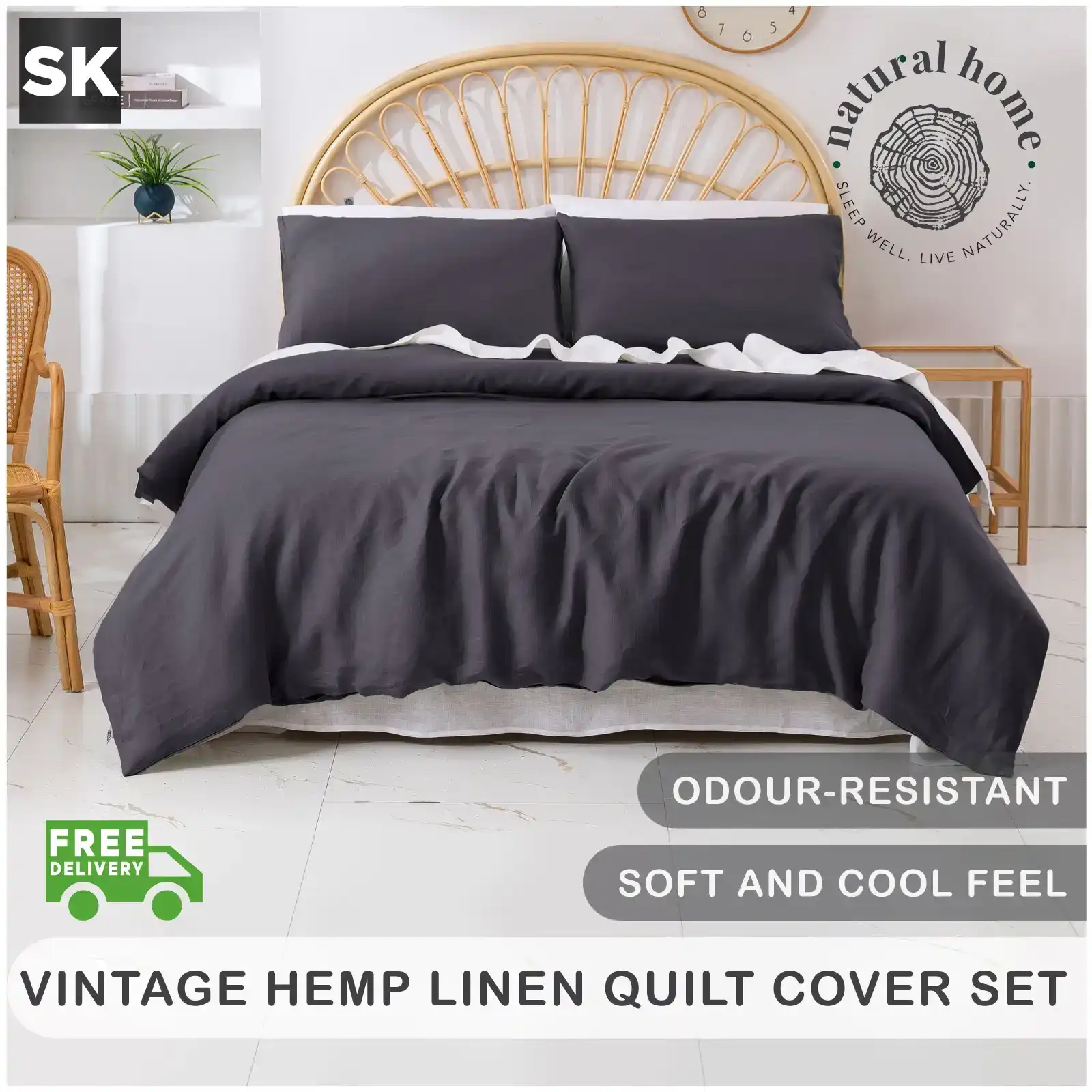 Natural Home Vintage Washed Hemp Linen Quilt Cover Set Charcoal Super King Bed