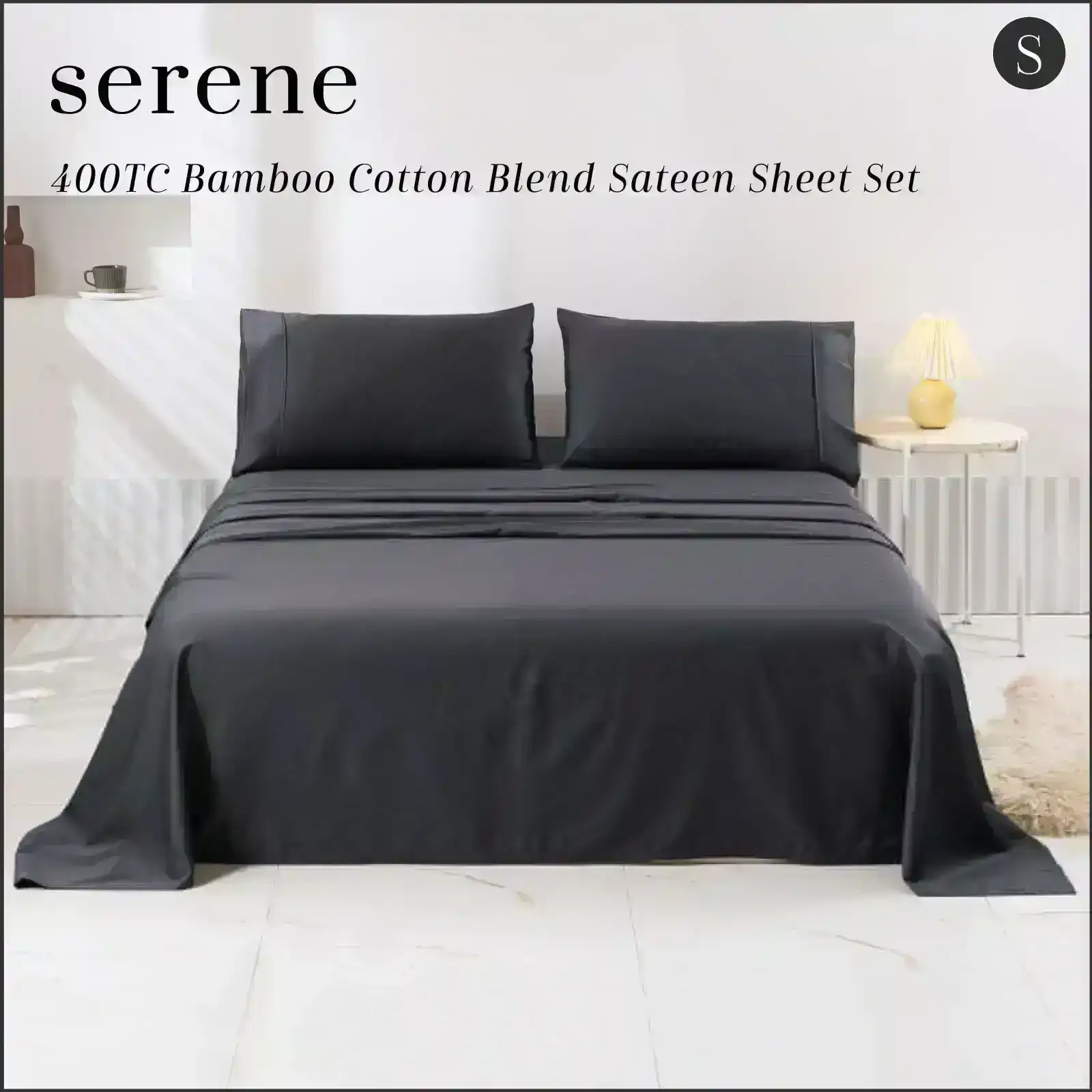Serene 400TC Bamboo Cotton Blend Sateen Sheet Set CHARCOAL Single Bed