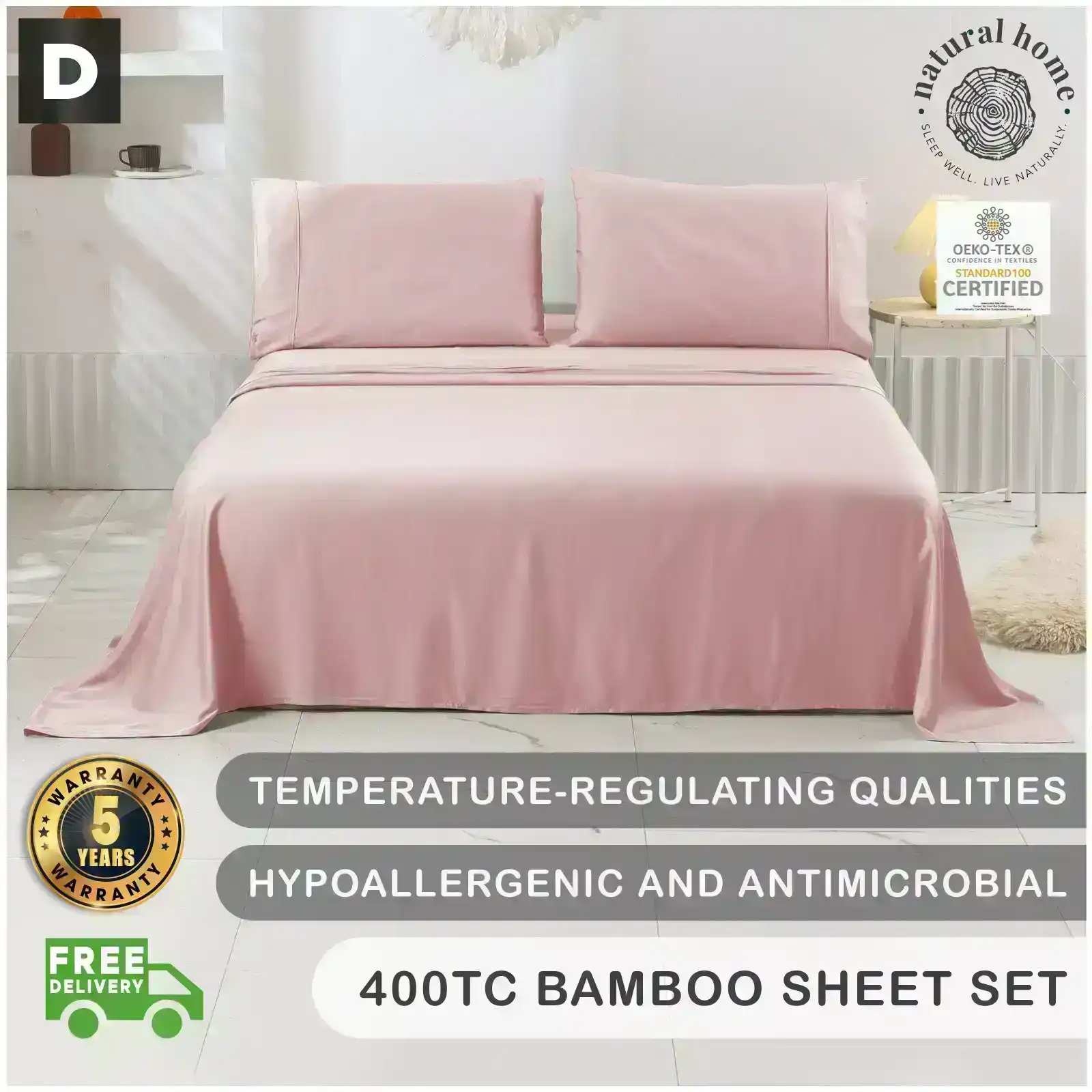 Natural Home Bamboo Sheet Set Blush Pink Double Bed