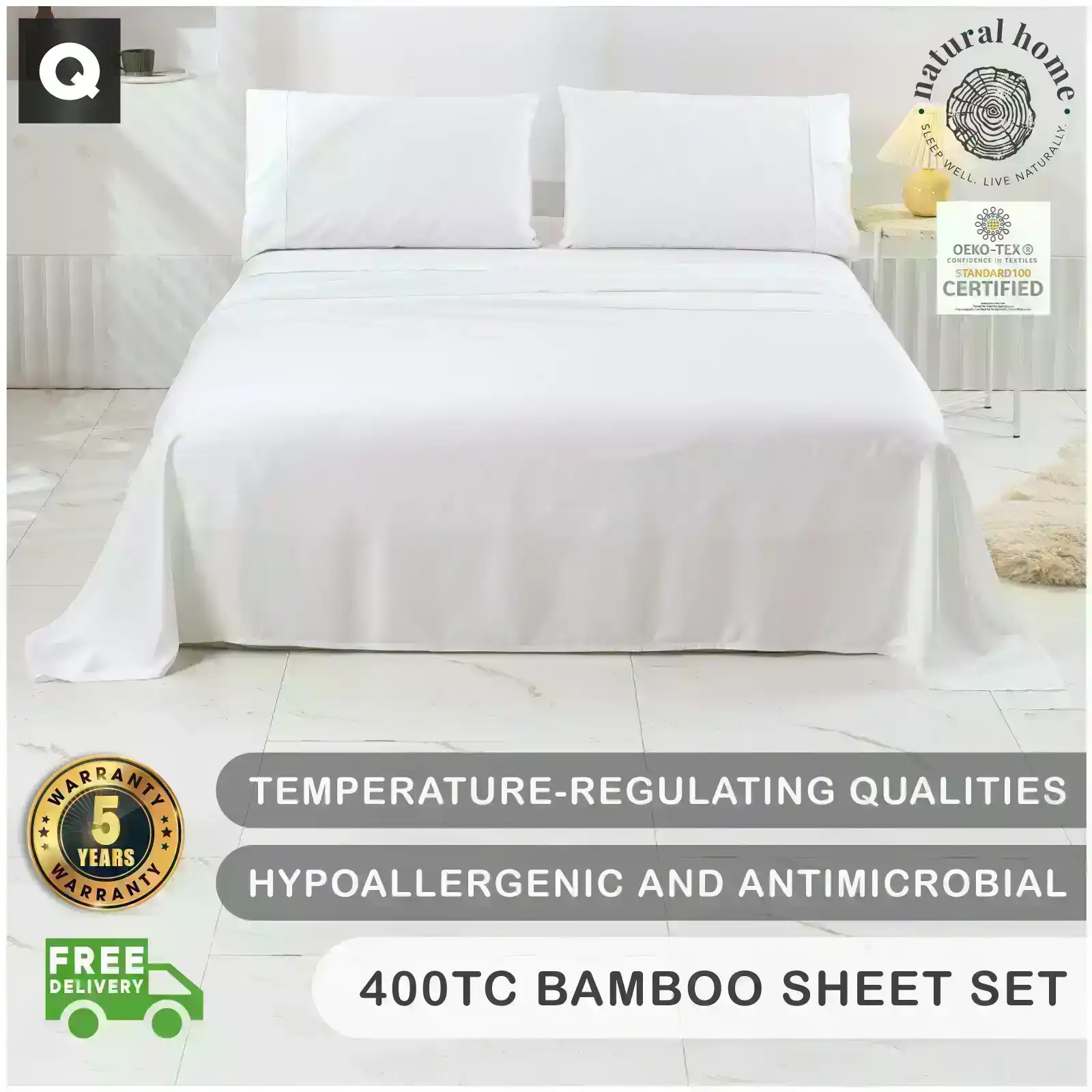 Natural Home Bamboo Sheet Set White Queen Bed
