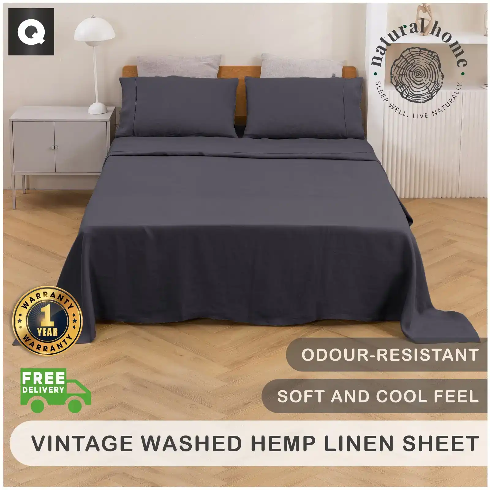 Natural Home Vintage Washed Hemp Linen Sheet Set Charcoal Queen Bed