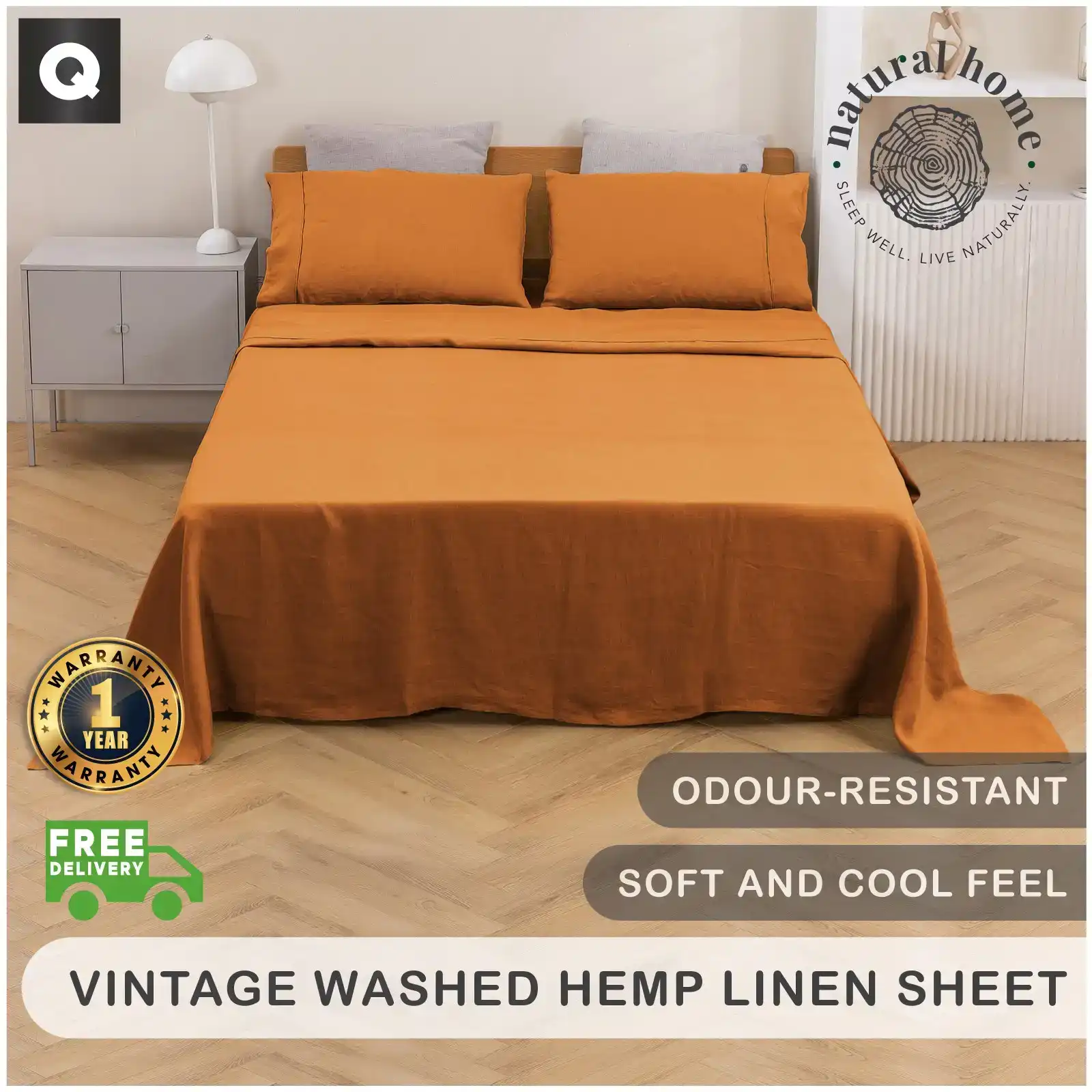 Natural Home Vintage Washed Hemp Linen Sheet Set Rust Queen Bed