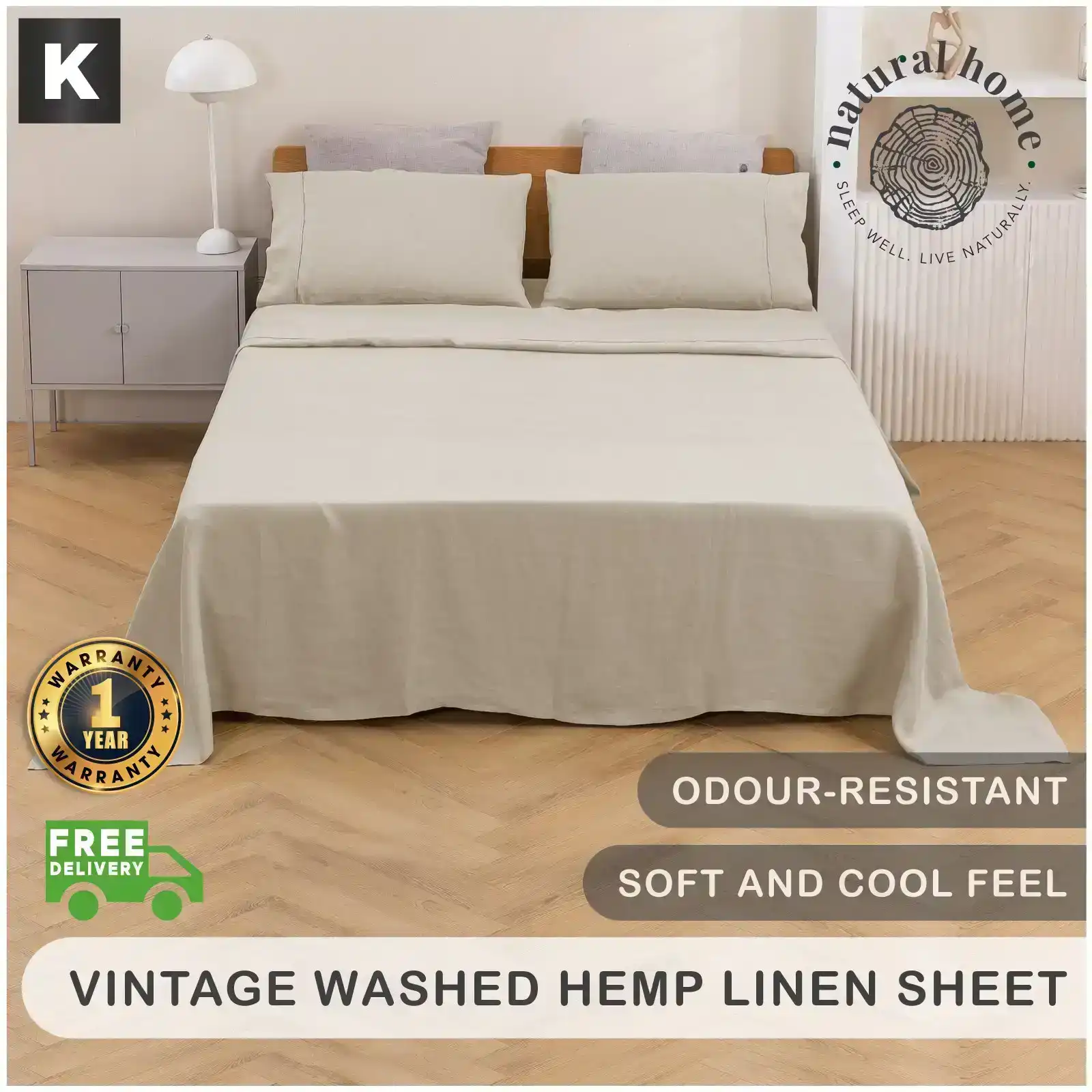 Natural Home Vintage Washed Hemp Linen Sheet Set Oatmeal King Bed