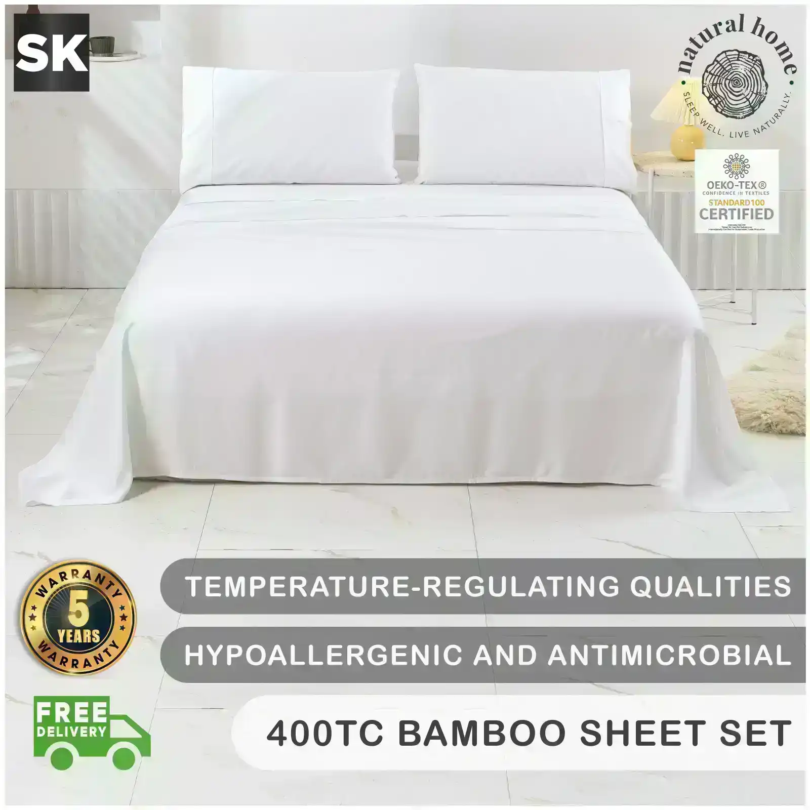 Natural Home Bamboo Sheet Set White Super King Bed