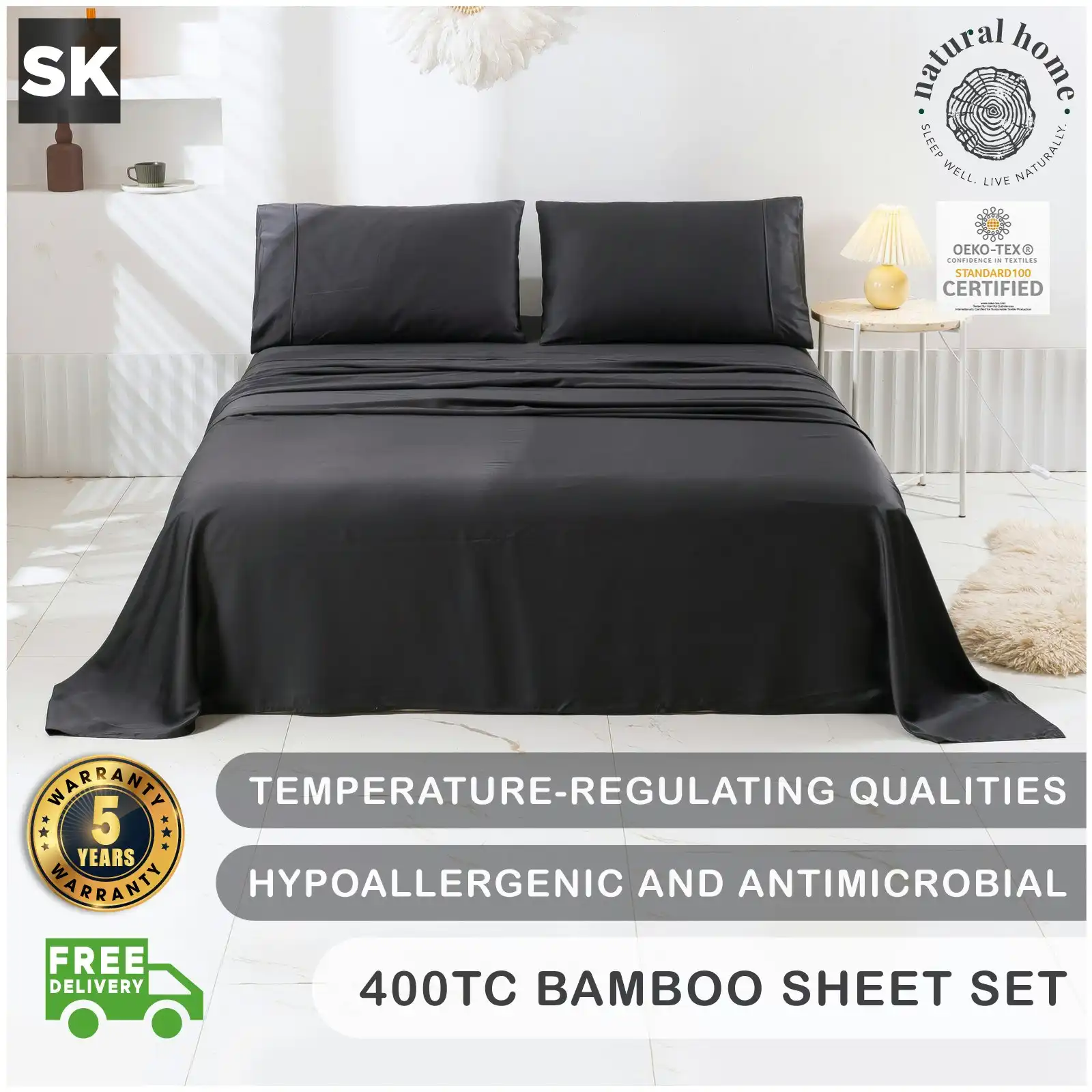 Natural Home Bamboo Sheet Set Charcoal Super King Bed