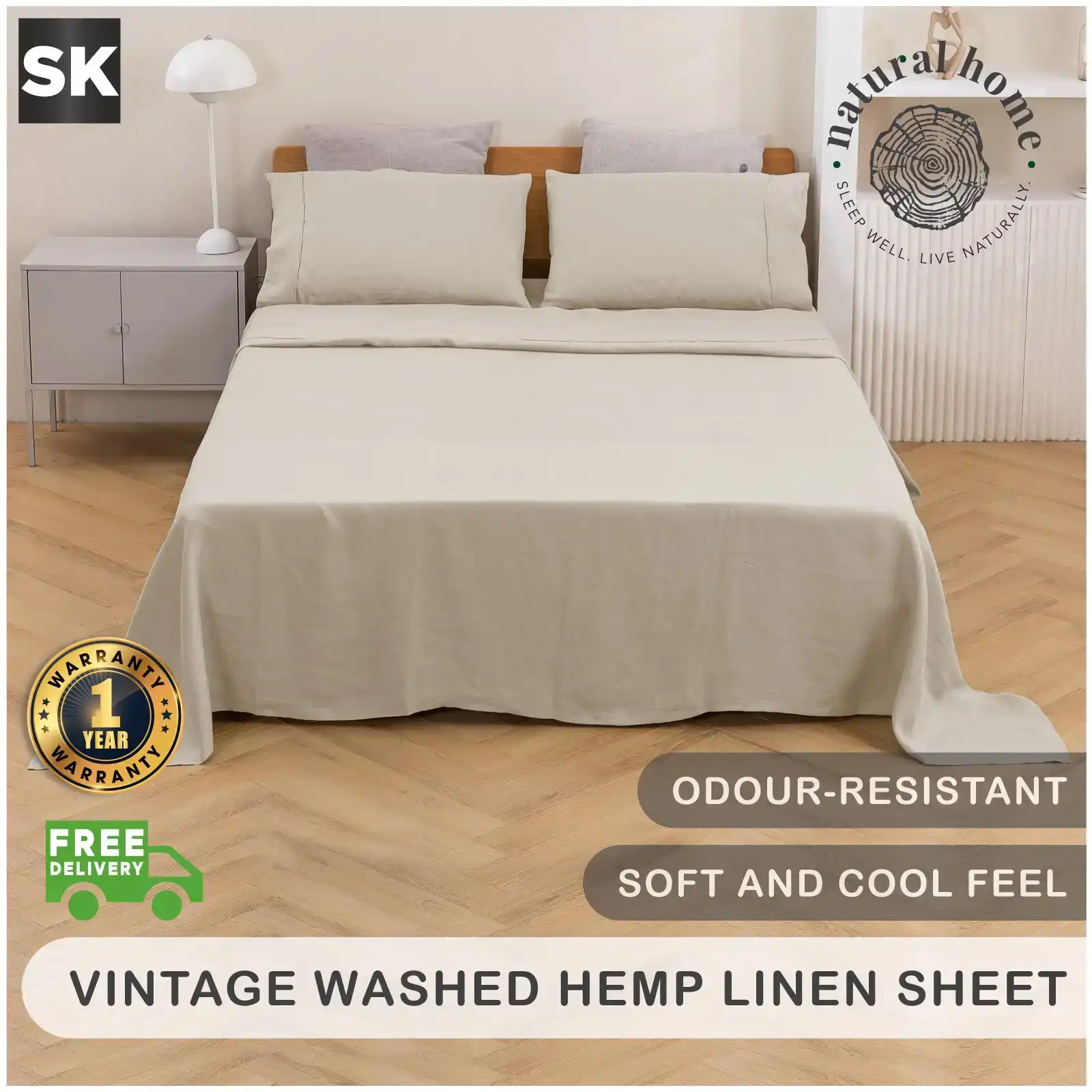 Natural Home Vintage Washed Hemp Linen Sheet Set Oatmeal Super King Bed