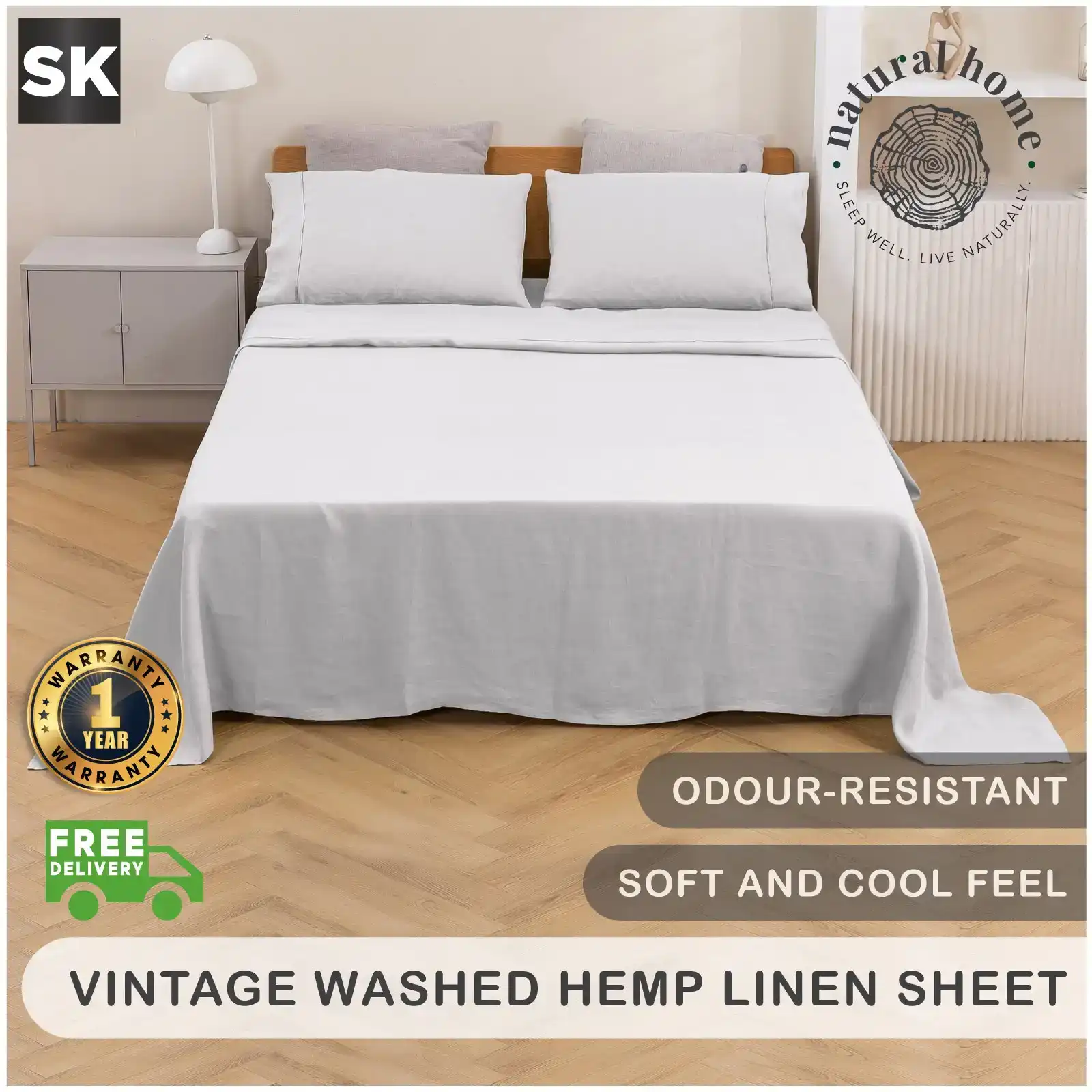 Natural Home Vintage Washed Hemp Linen Sheet Set Dove Grey Super King Bed