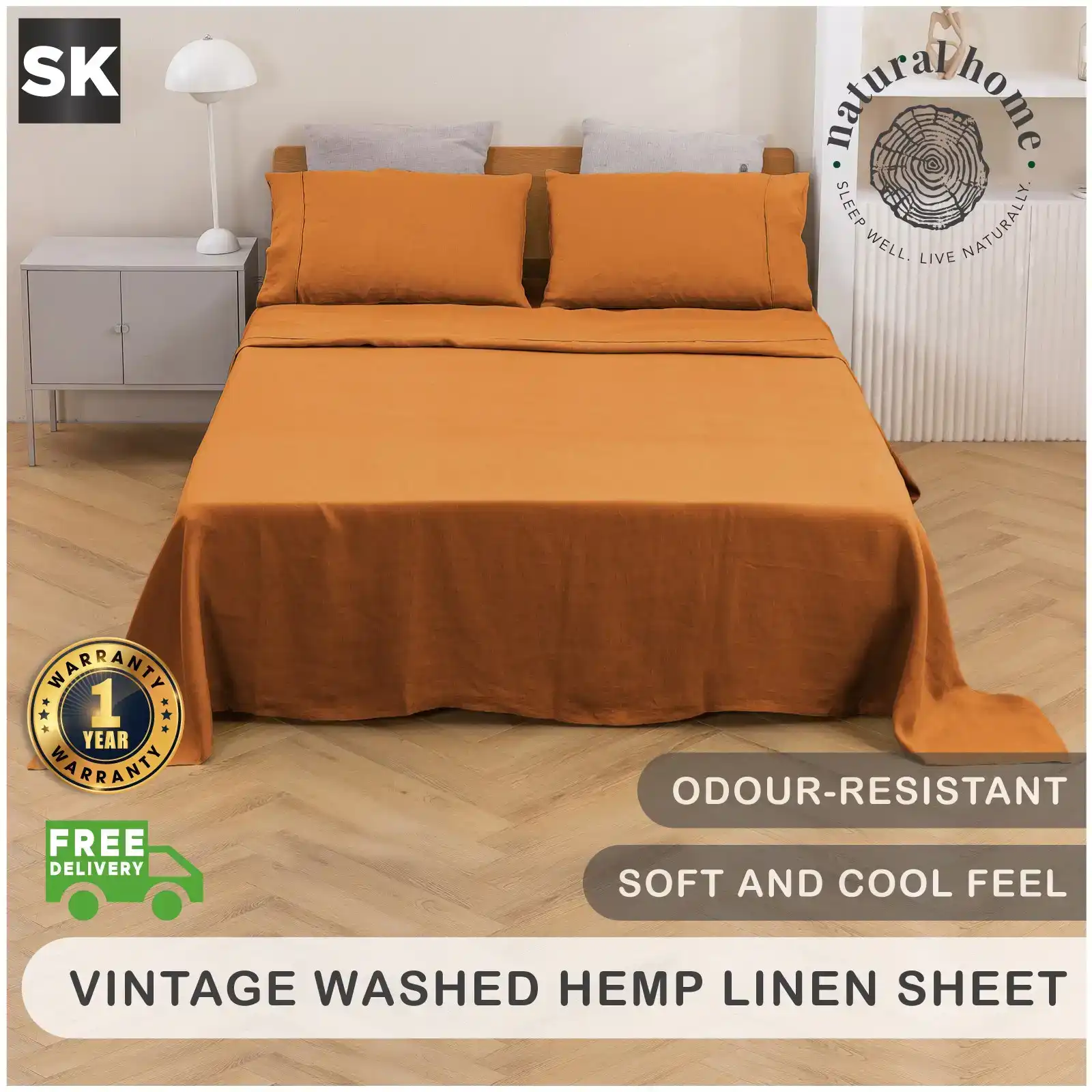 Natural Home Vintage Washed Hemp Linen Sheet Set Rust Super King Bed
