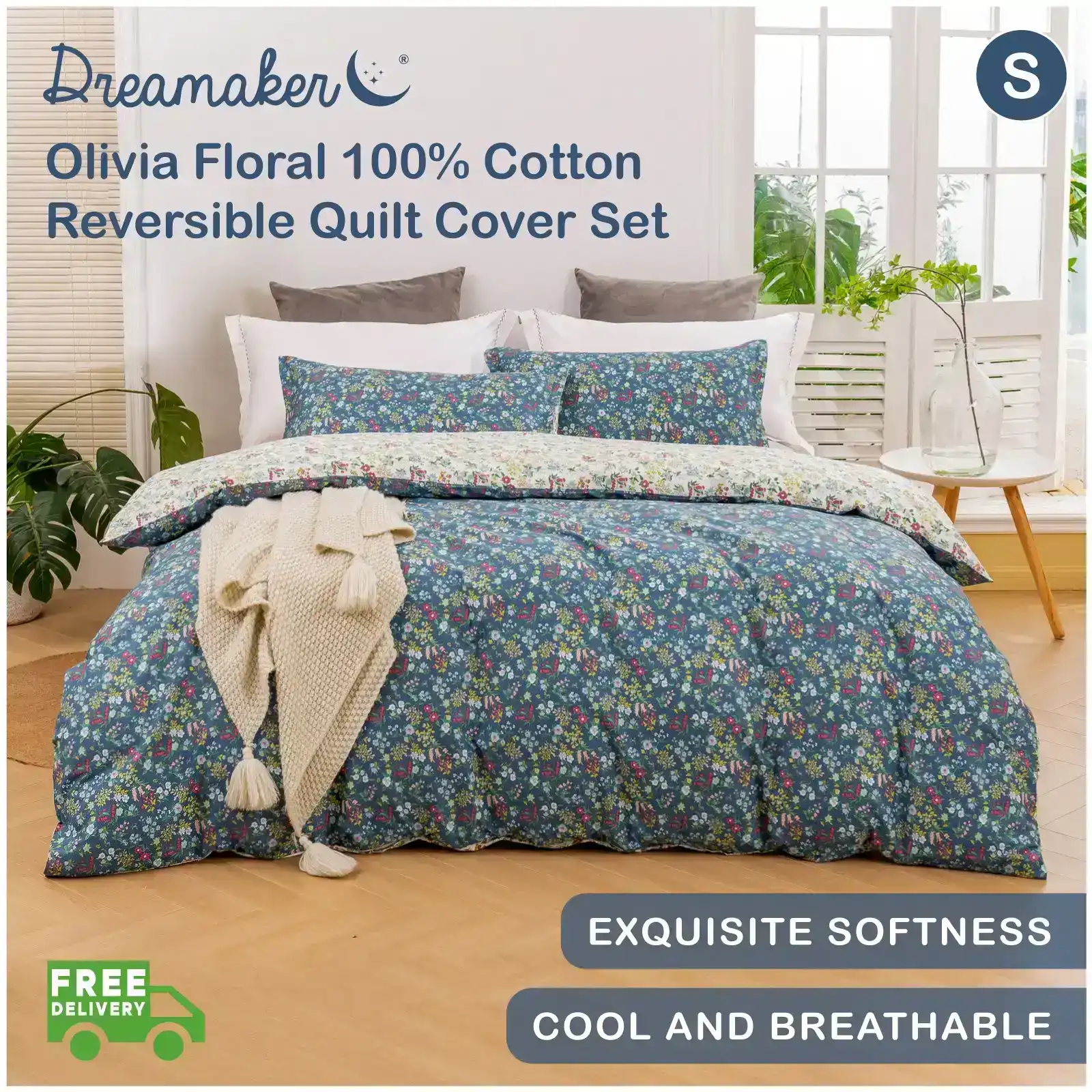 Dreamaker Olivia Floral 100% Cotton Reversible Quilt Cover Set Blue Single Bed