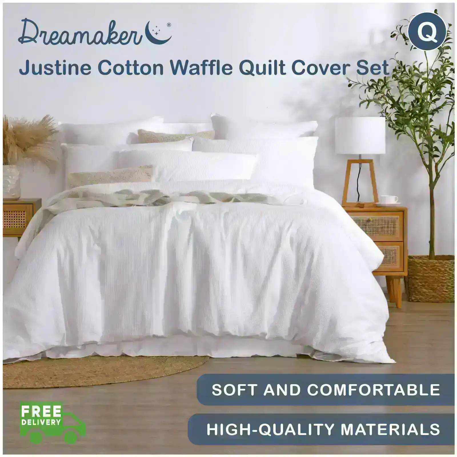 Dreamaker Justine Cotton Waffle Quilt Cover Set White Queen Bed