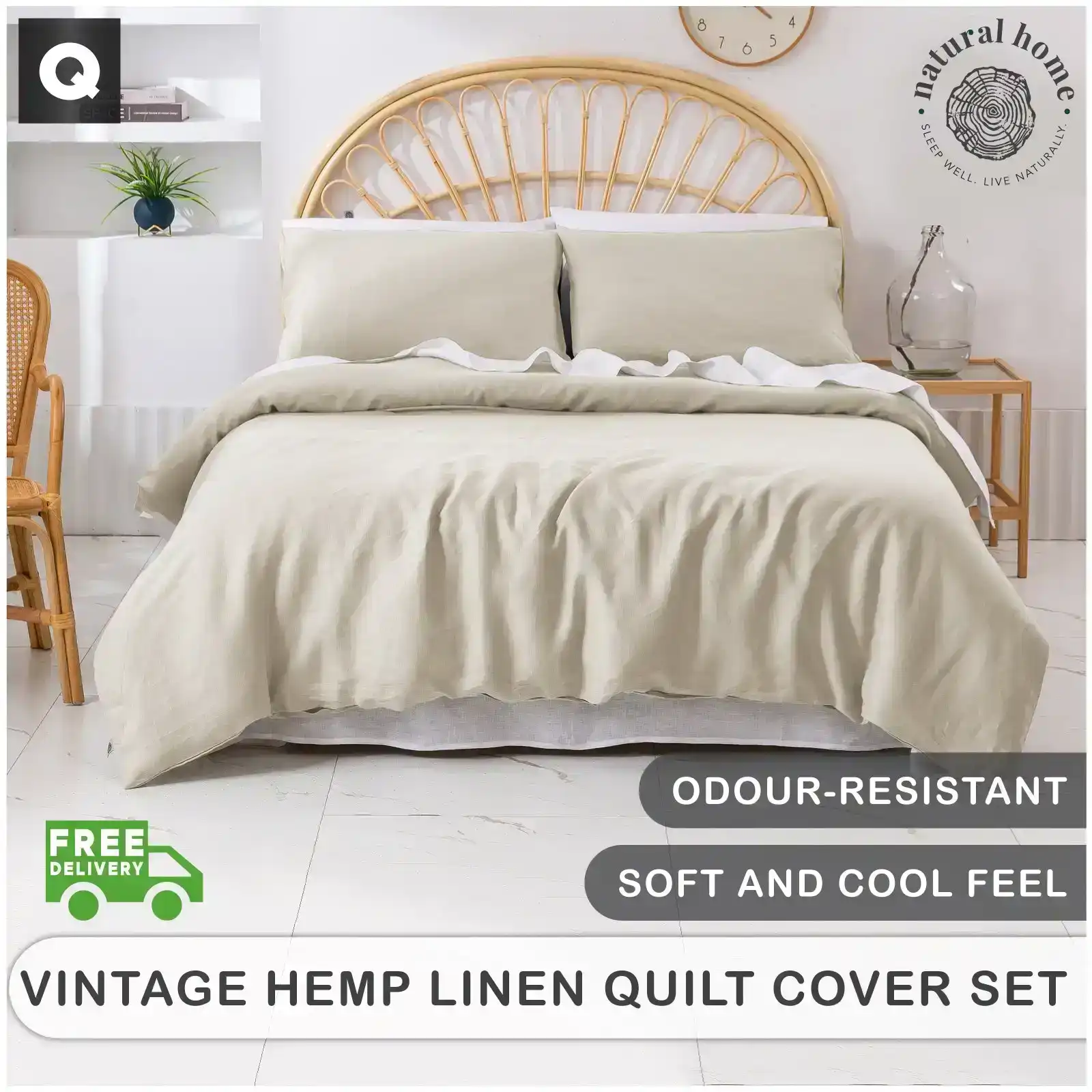 Natural Home Vintage Washed Hemp Linen Quilt Cover Set Oatmeal Queen Bed