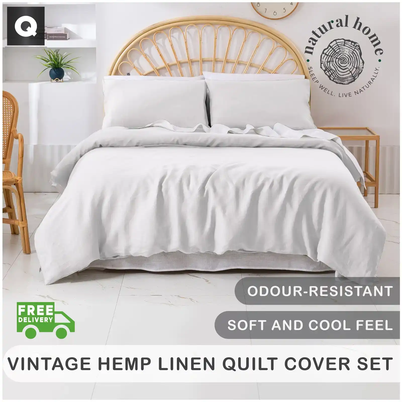 Natural Home Vintage Washed Hemp Linen Quilt Cover Set Dove Grey Queen Bed