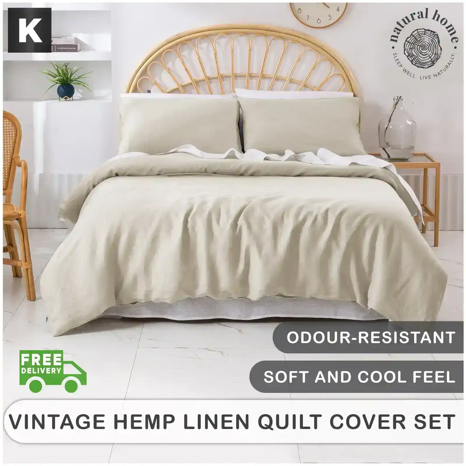 Natural Home Vintage Washed Hemp Linen Quilt Cover Set Oatmeal King Bed
