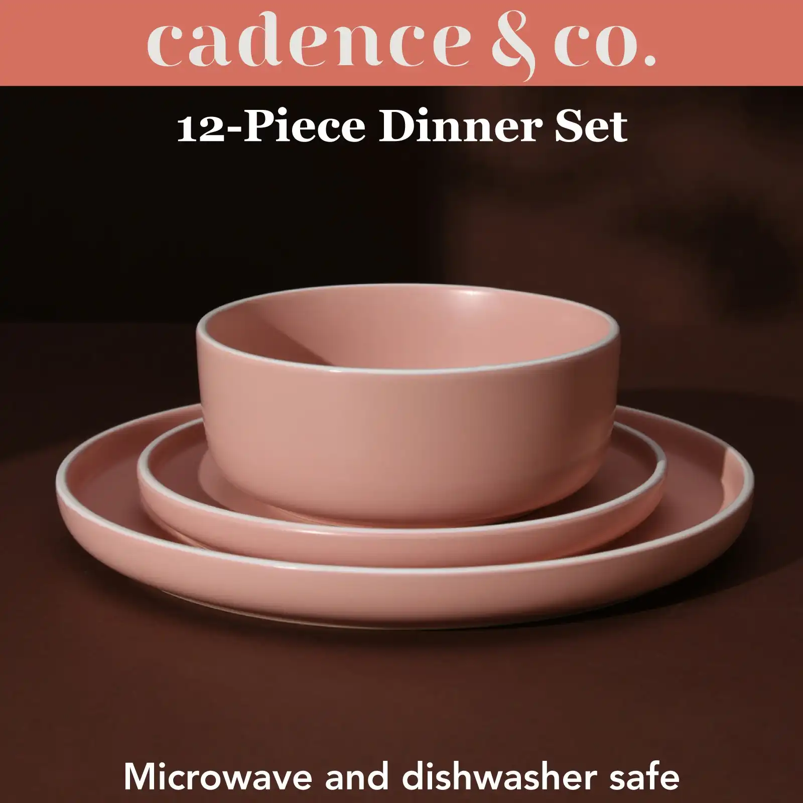 Cadence & Co. Muse 12-Piece Dinner Set Matte Glaze Pink Clay/White 4 person