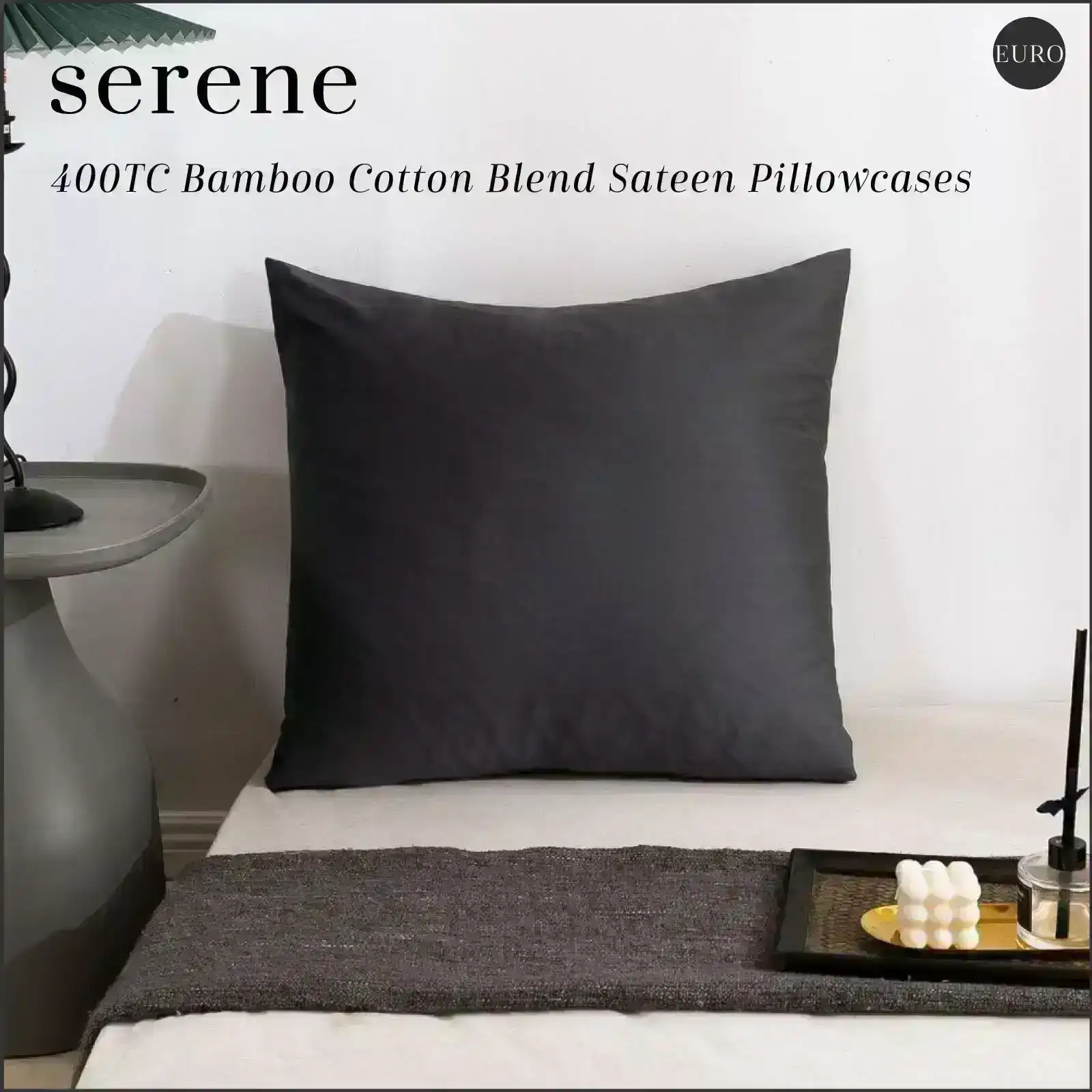 Serene 400TC Bamboo Cotton Blend Sateen Euro Pillowcase CHARCOAL