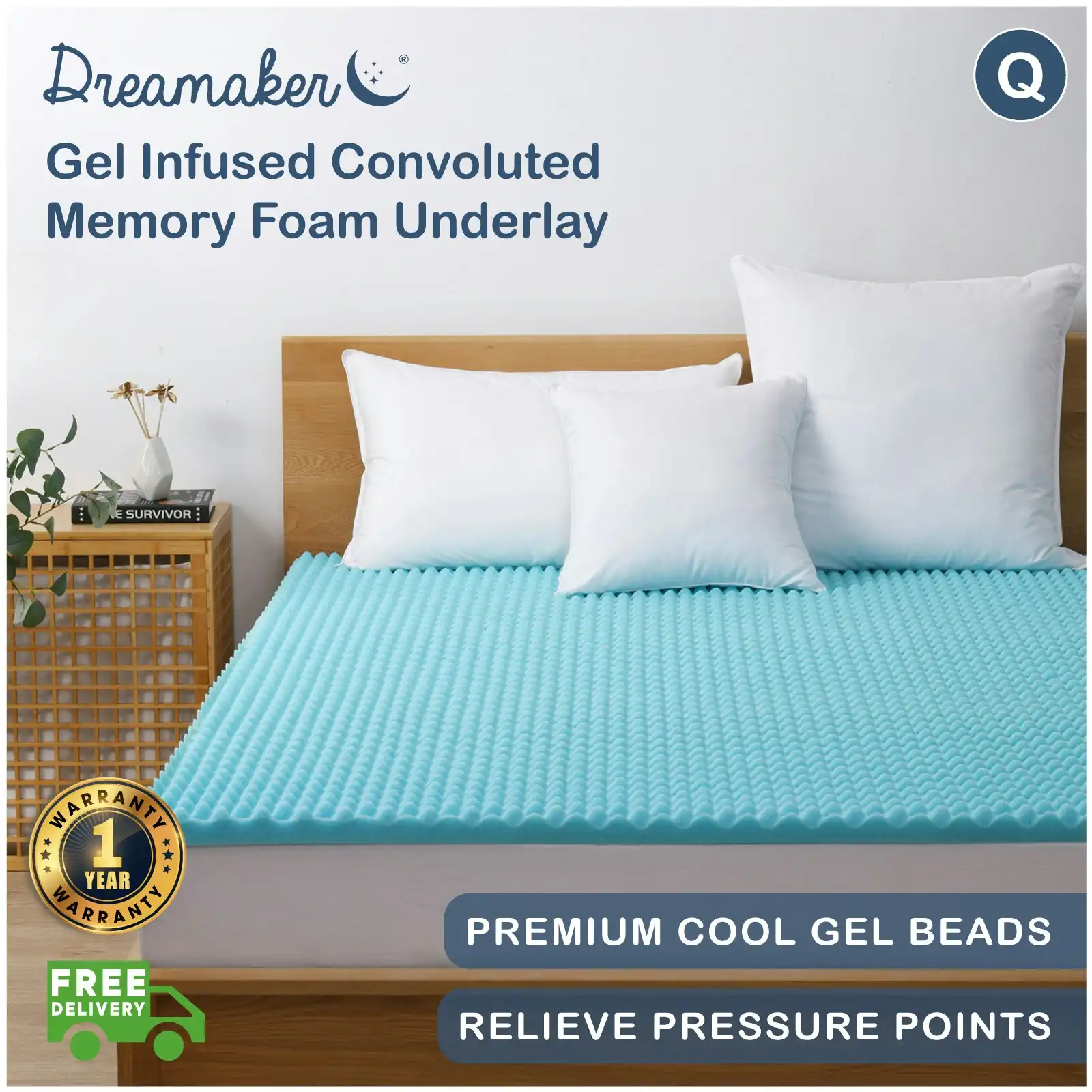 Dreamaker Gel Infused Convoluted Memory Foam Underlay Queen Bed