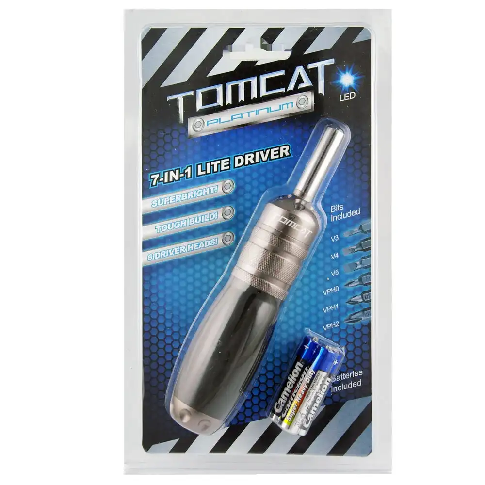 Tomcat Platinum 7-in1 Lite Driver LED Torch Screwdriver Repair Tool w/ Batteries